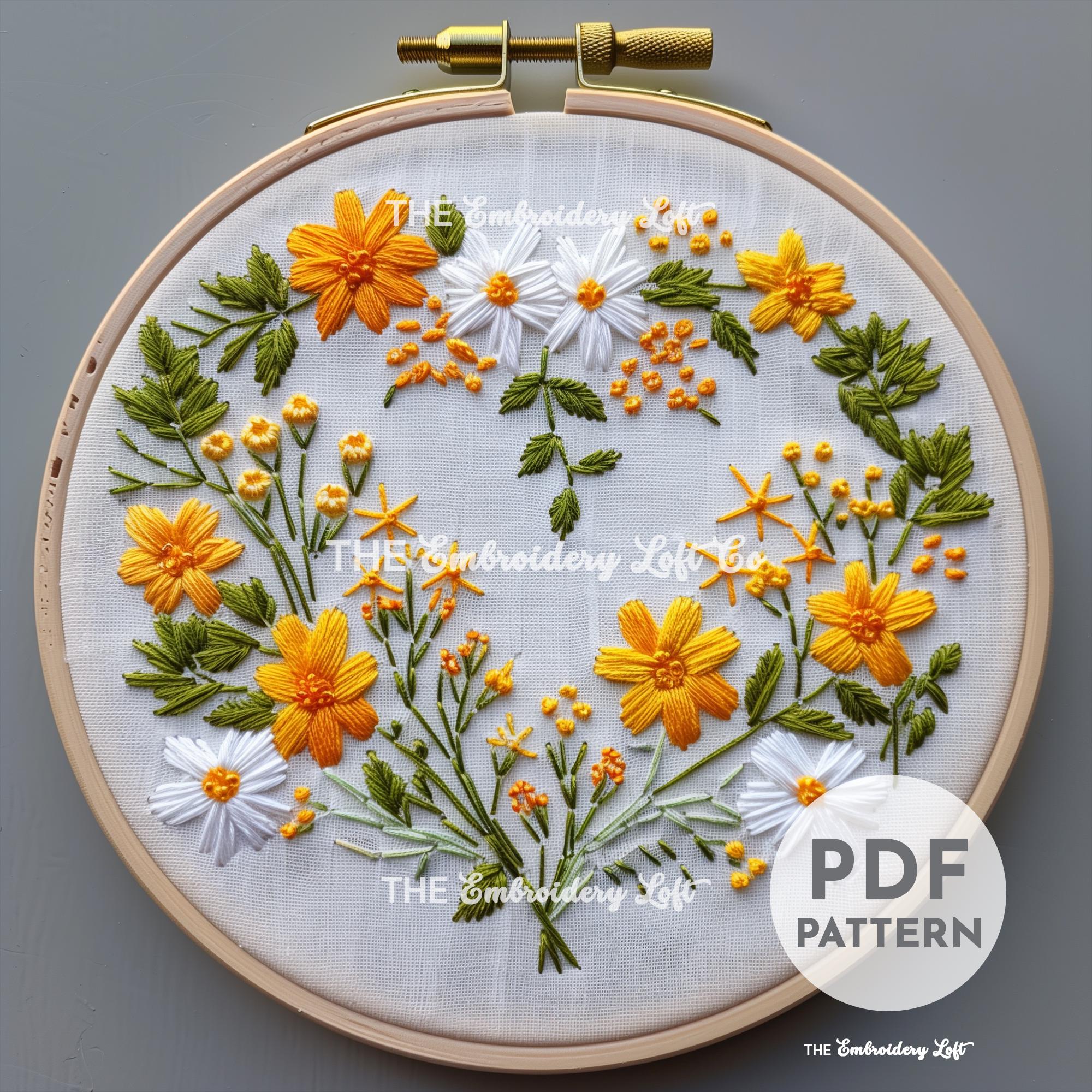 Orange Floral Heart Wreath Hand Embroidery Pattern