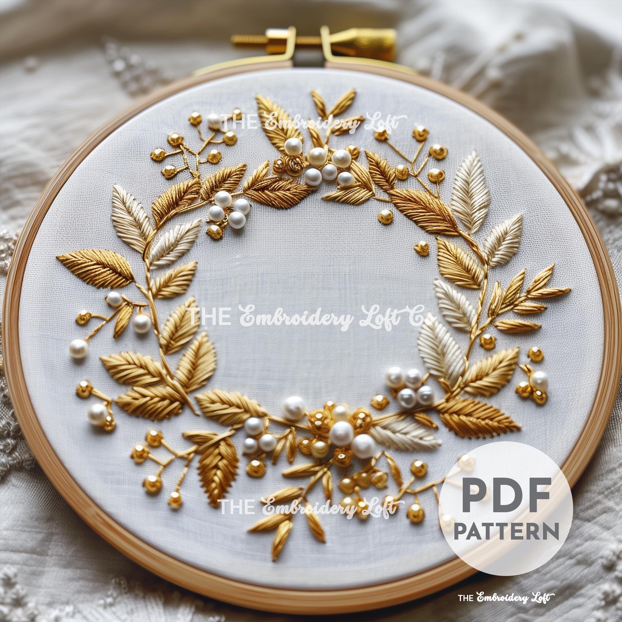 Golden Winter Wreath Hand Embroidery Pattern