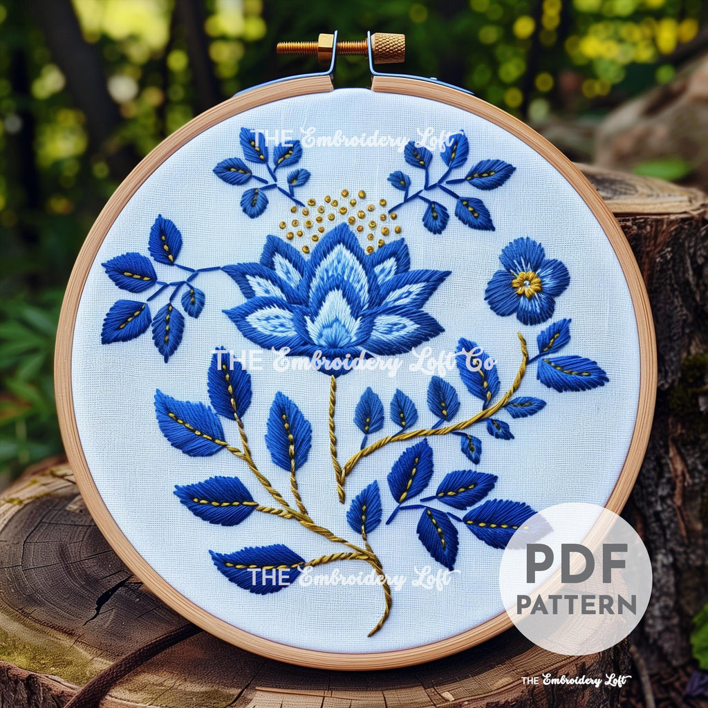 Blue Folk Flower Hand Embroidery Pattern