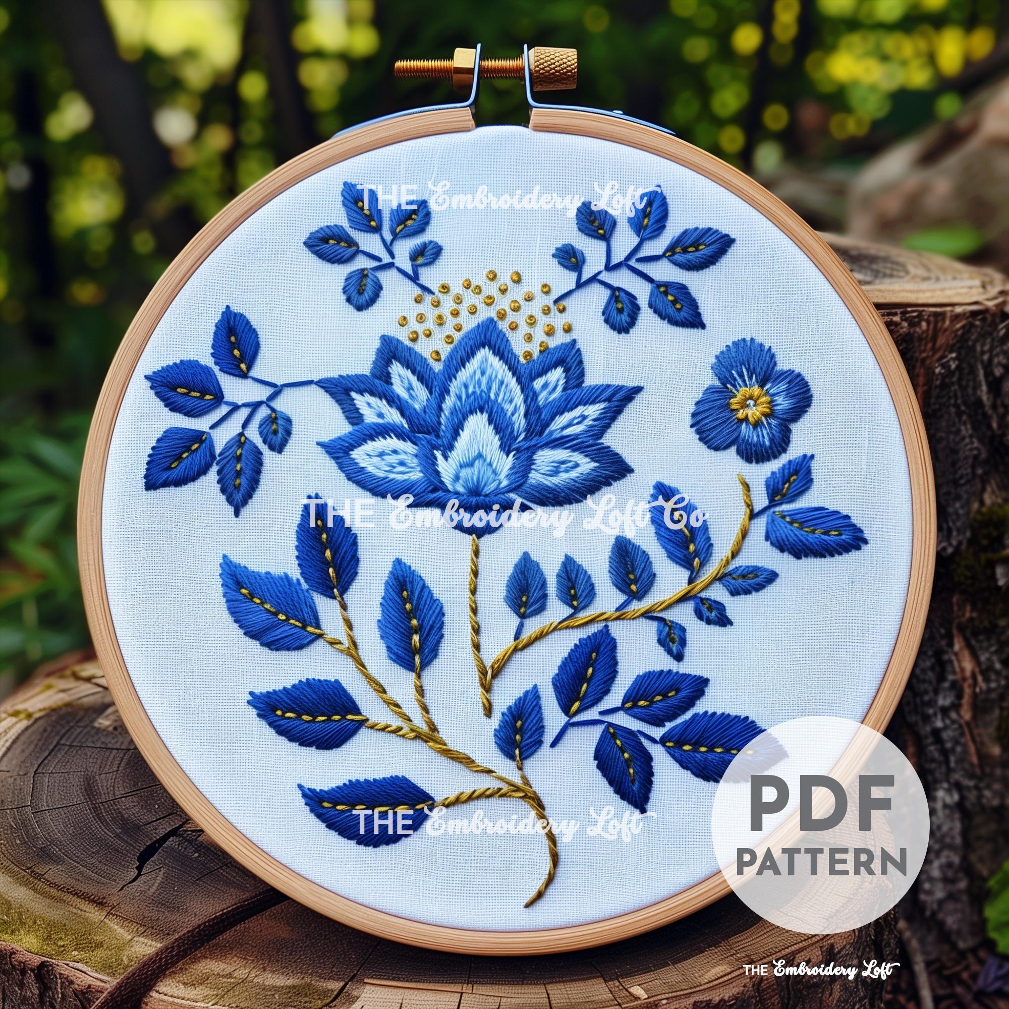 Blue Folk Flower Hand Embroidery Pattern