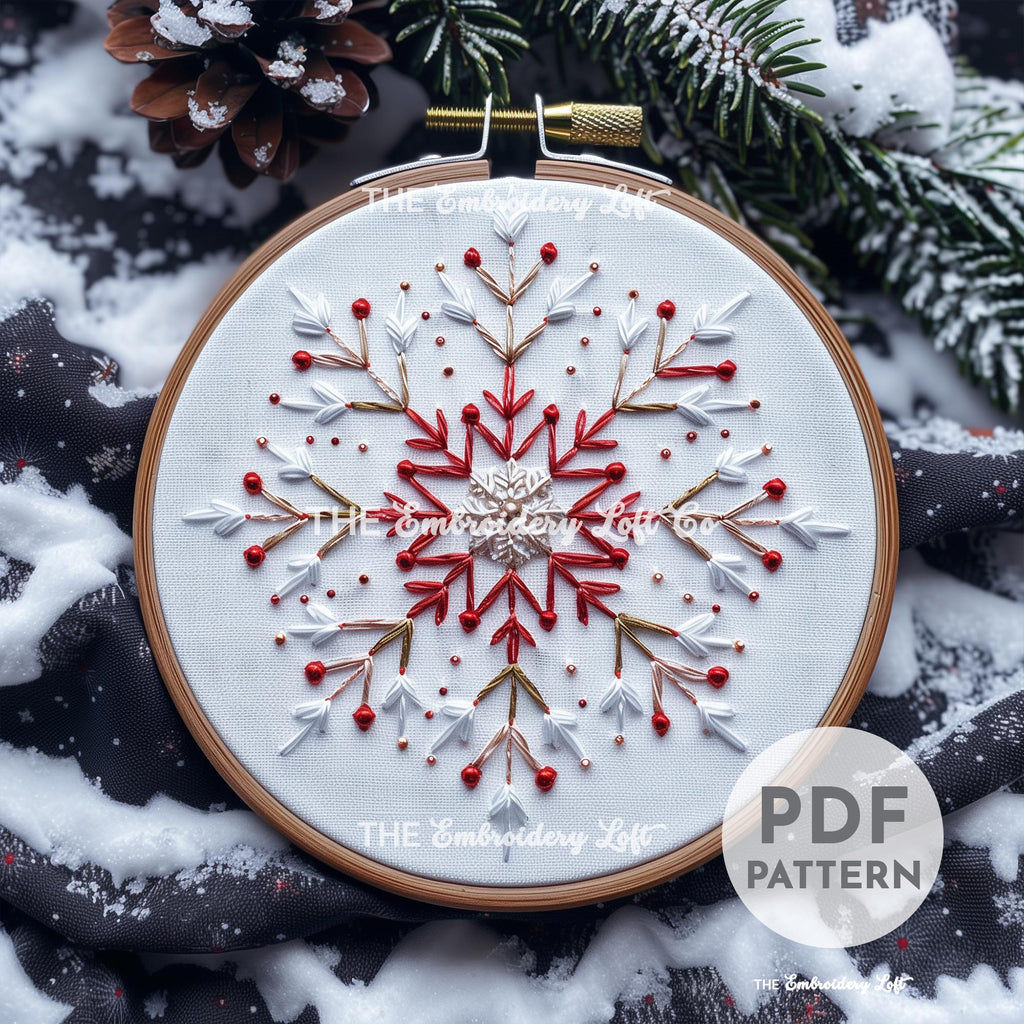 Red and White Snowflake Hand Embroidery Pattern
