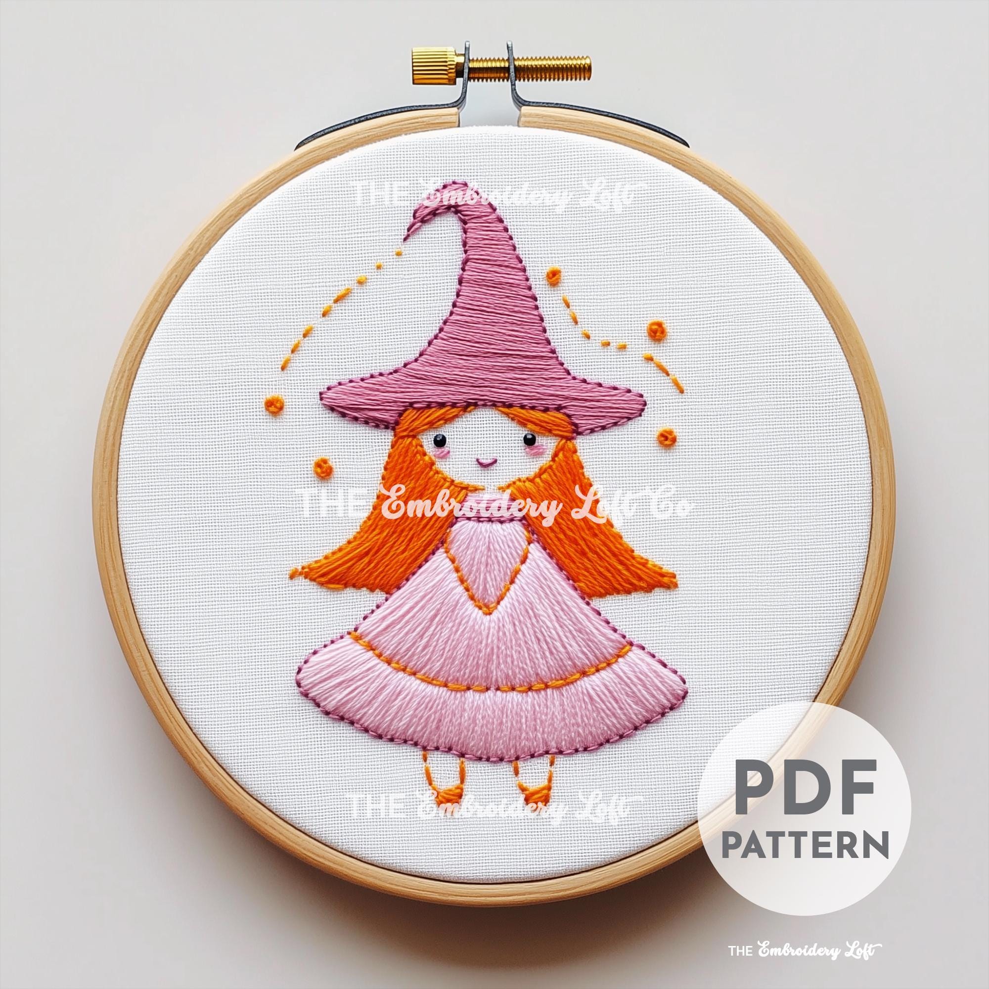 Pink Witch Hand Embroidery Pattern