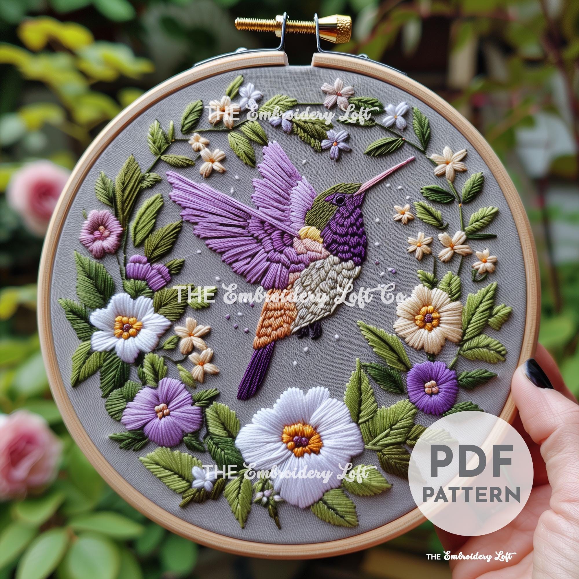 Purple Hummingbird Hand Embroidery Pattern