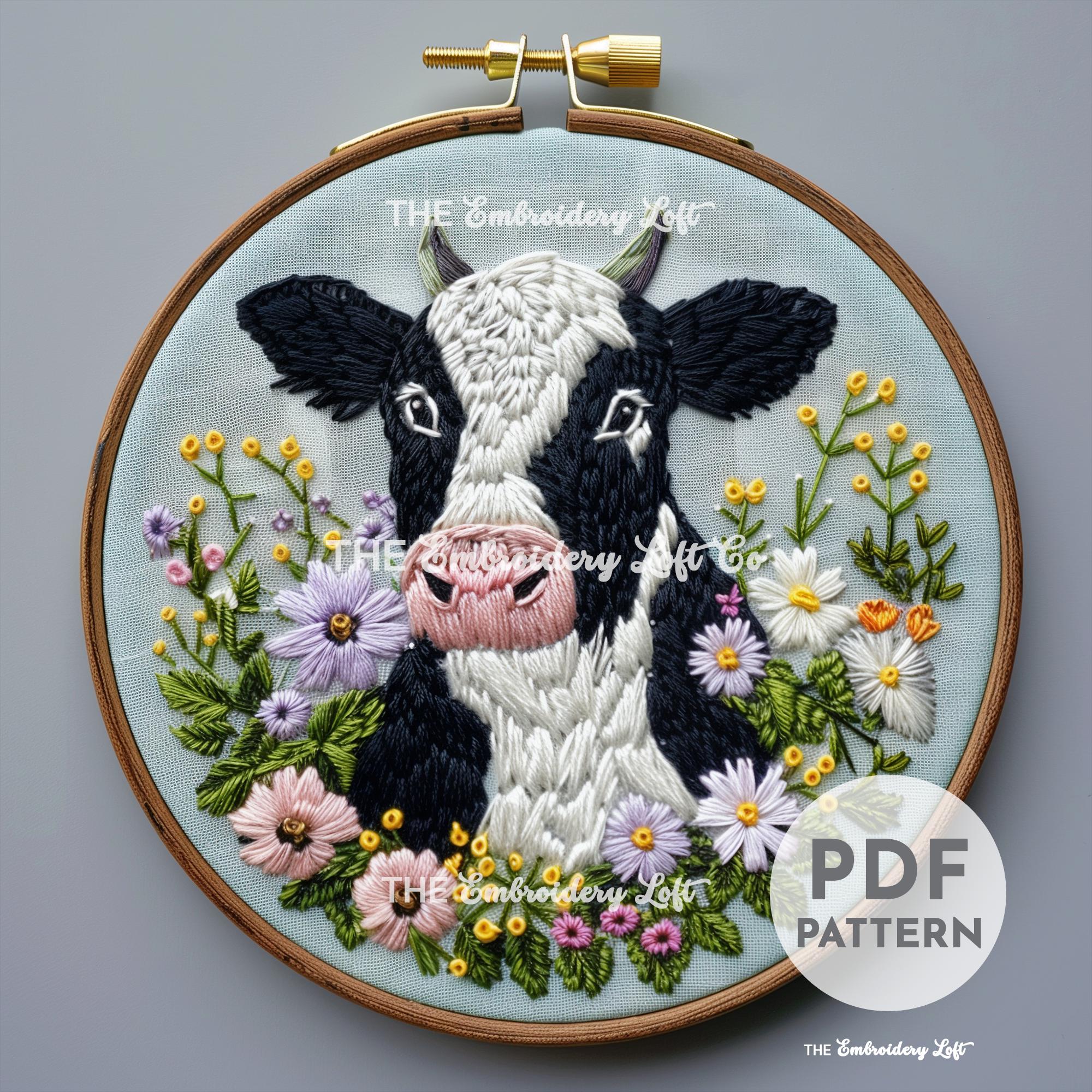 Floral Cow Hand Embroidery Pattern