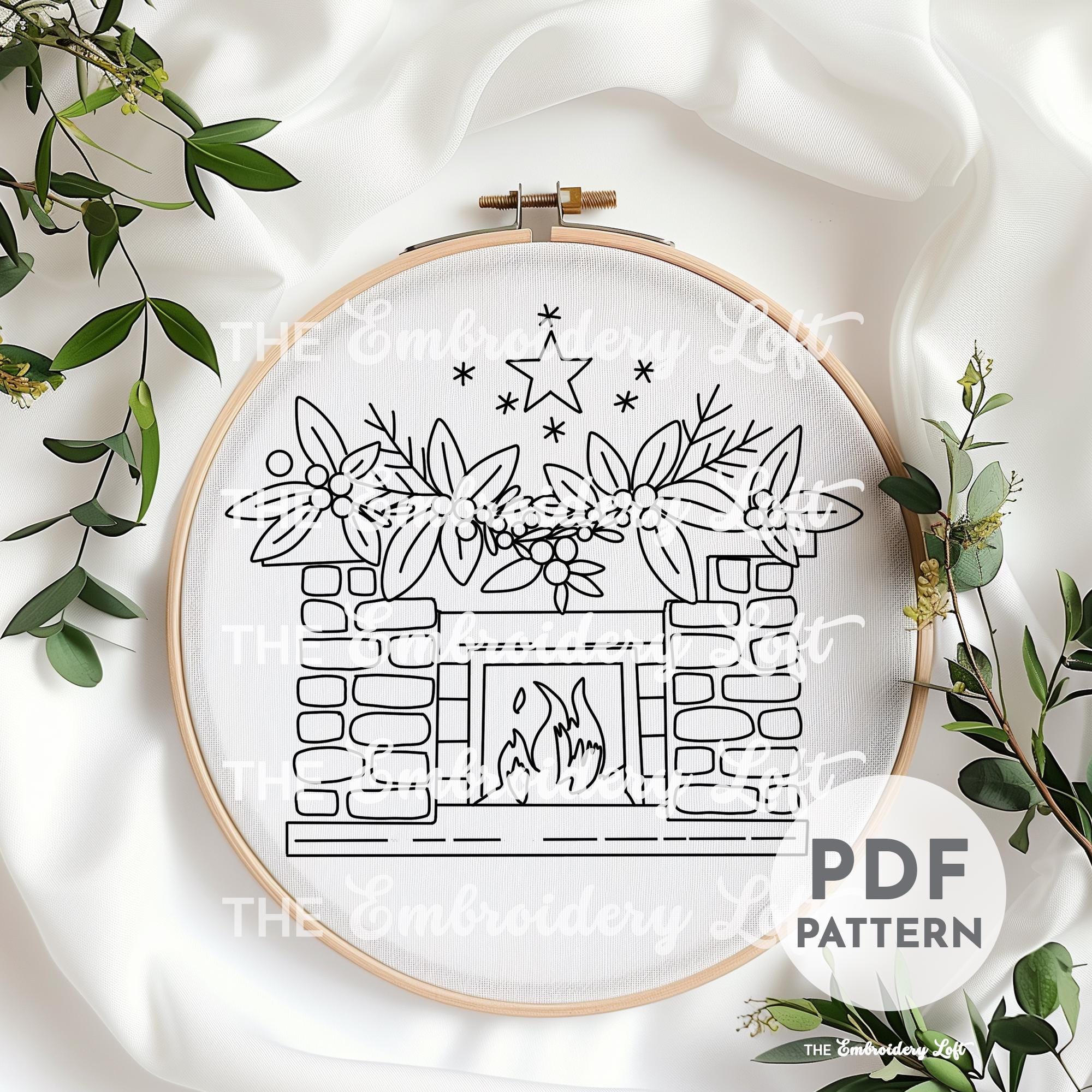 Christmas Fireplace Hand Embroidery Pattern