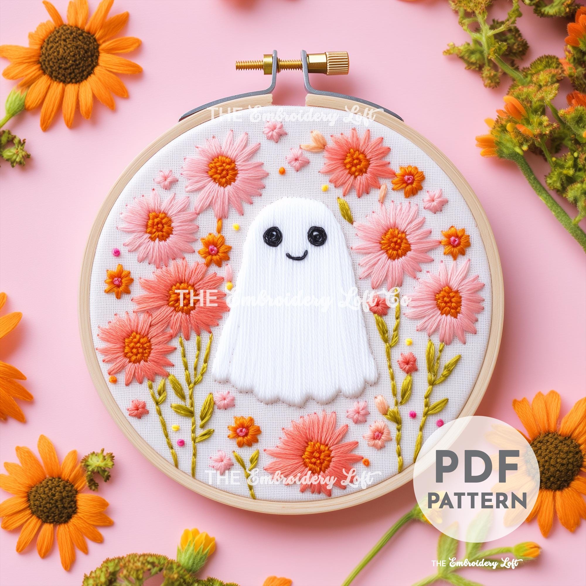 Retro Floral Ghost Hand Embroidery Pattern