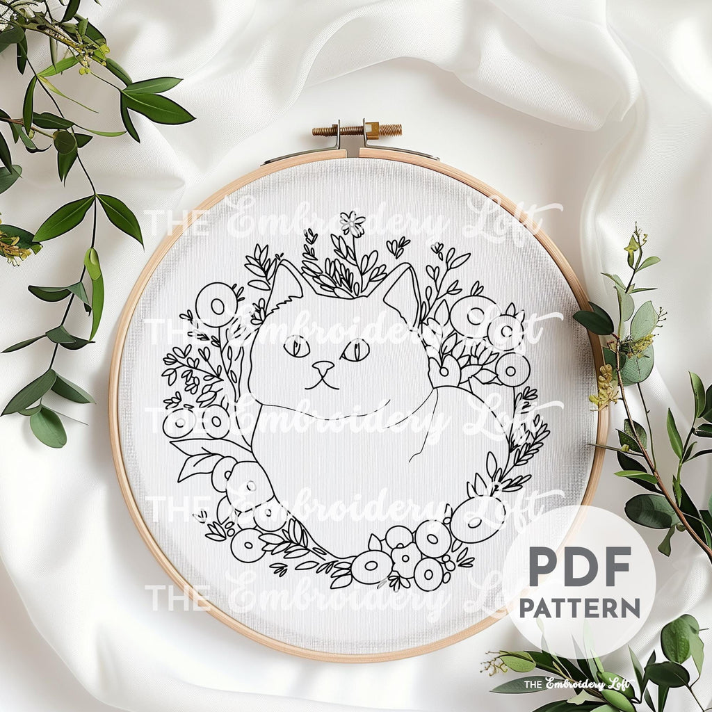 White Cat Hand Embroidery Pattern