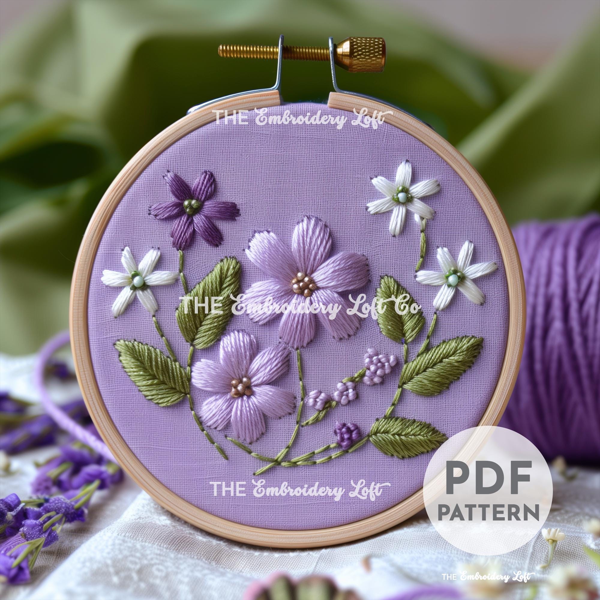 Purple and White Flowers Hand Embroidery Pattern