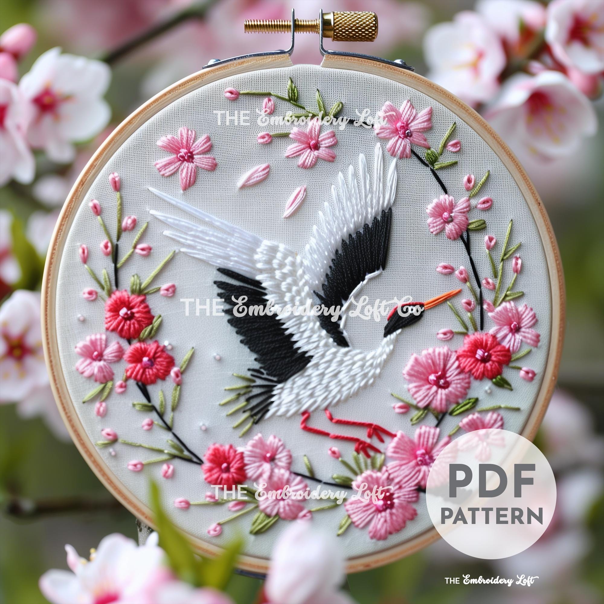 Crane with Cherry Blossoms Hand Embroidery Pattern