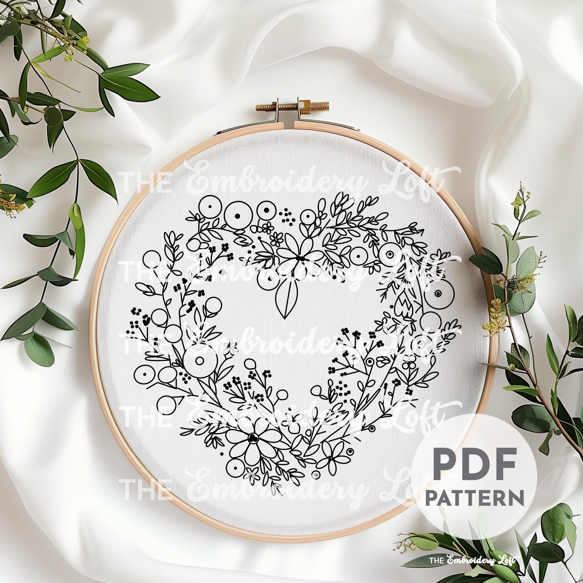 Blue Floral Heart Wreath Hand Embroidery Pattern