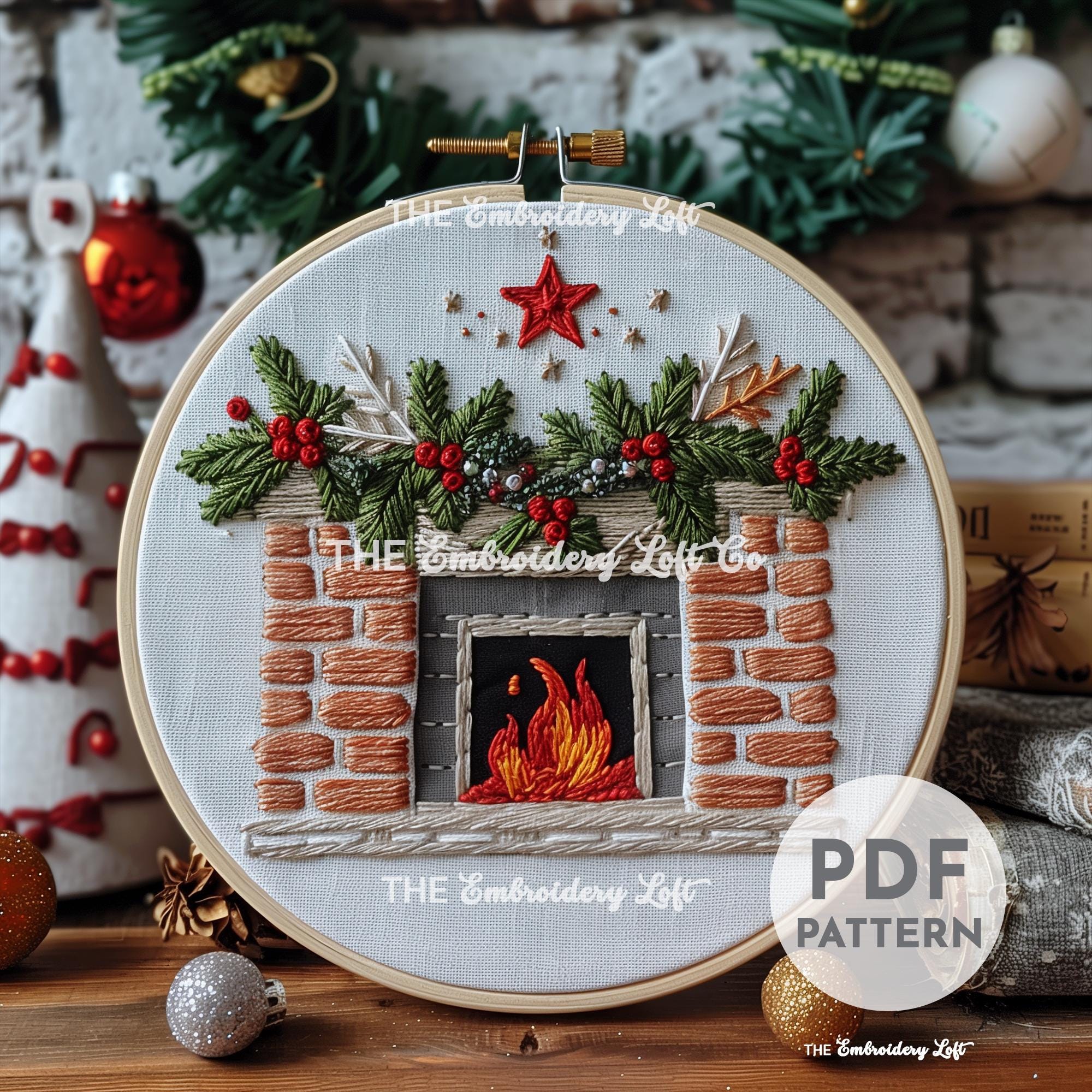 Christmas Fireplace Hand Embroidery Pattern