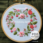Pink Floral Heart Wreath Hand Embroidery Pattern