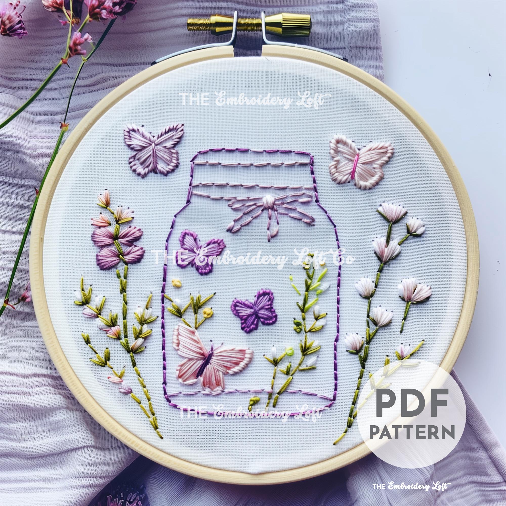 Jar of Butterflies and Flowers Hand Embroidery Pattern