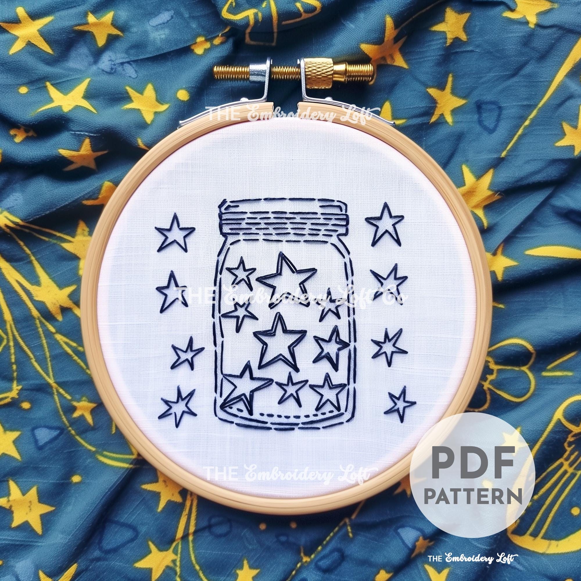 Blue Jar of Stars Hand Embroidery Pattern