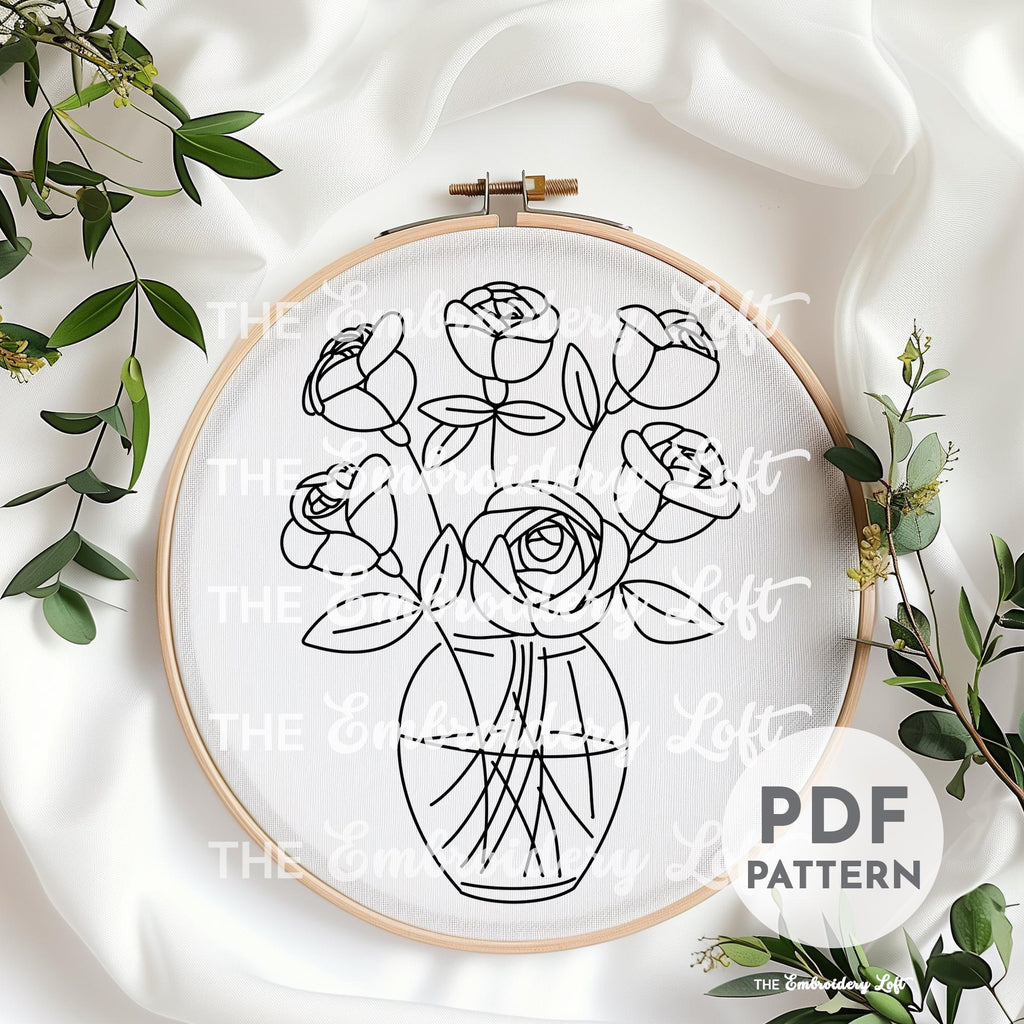 Vase of Roses Hand Embroidery Pattern