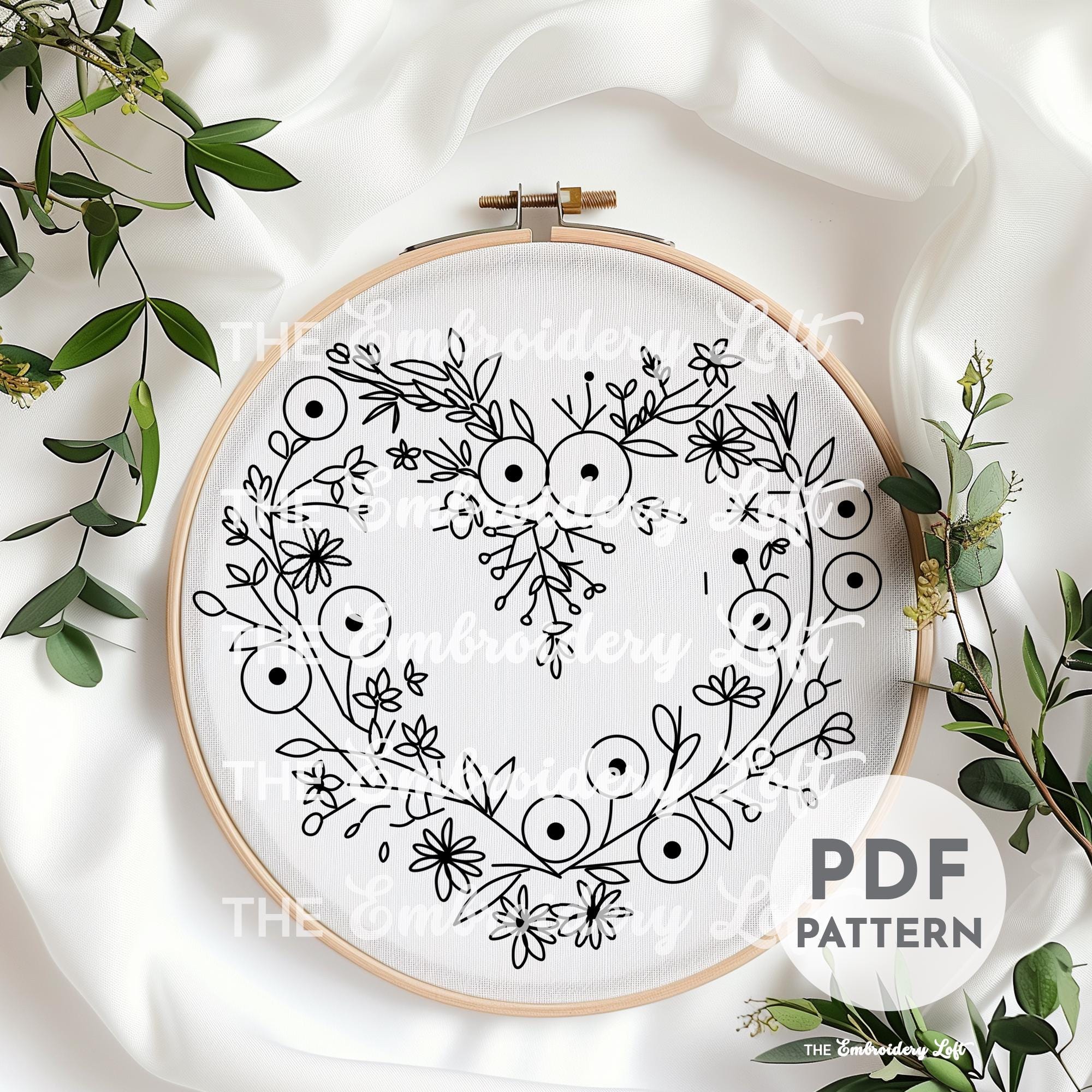 Purple Floral Heart Wreath Hand Embroidery Pattern