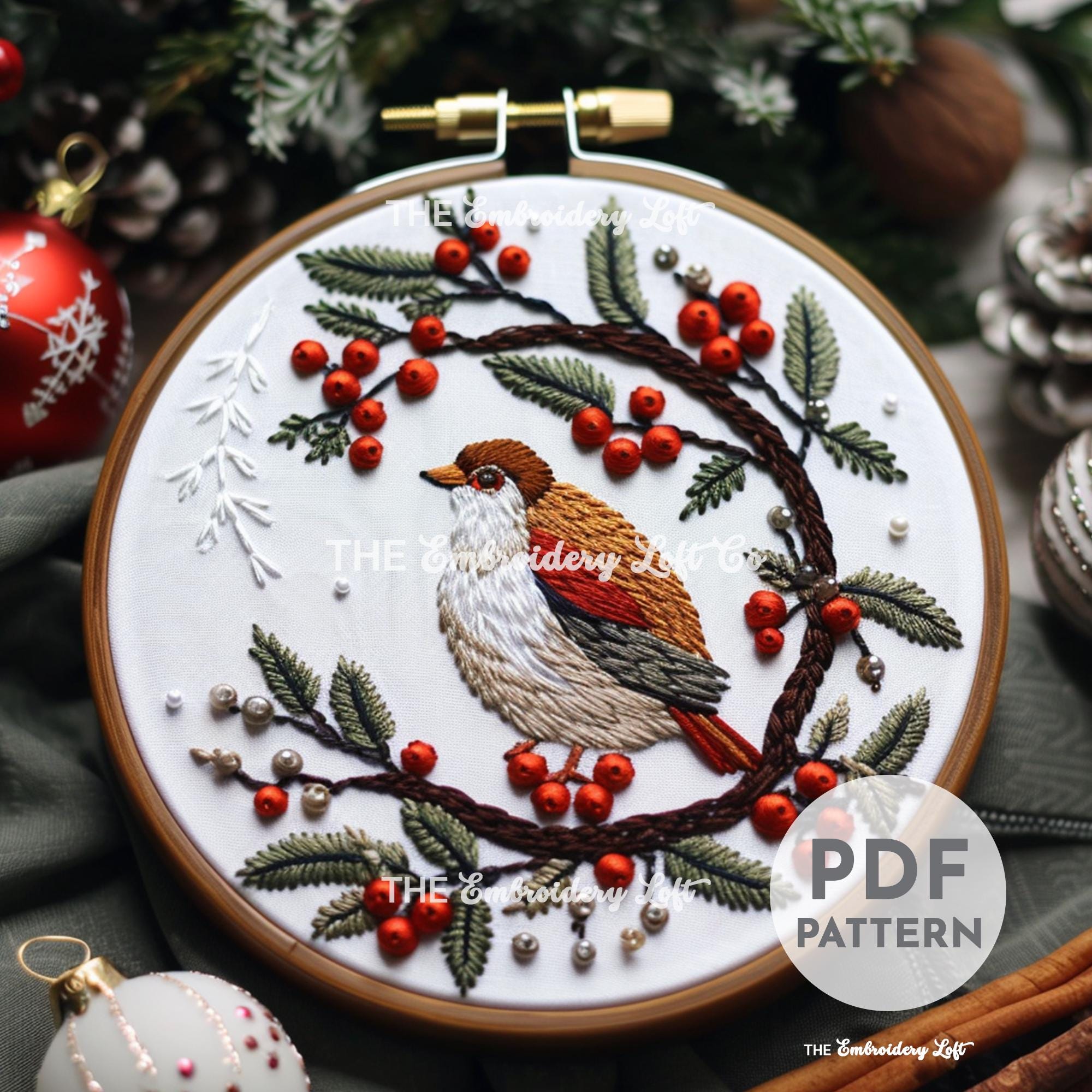 Twelve Days of Christmas, Partridge in a Pear Tree Hand Embroidery Pattern
