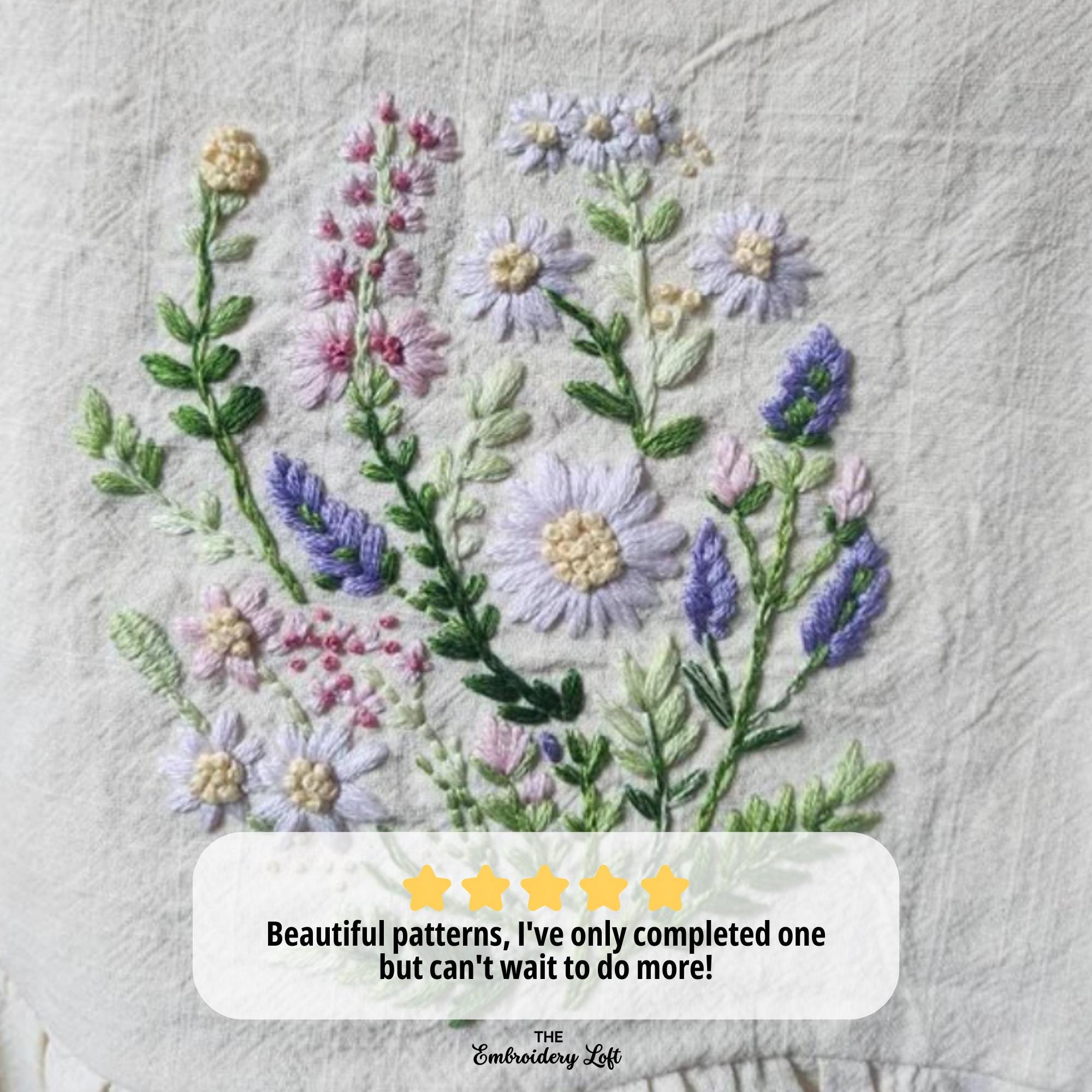 Meadow of White Daisies and Purple Lavender Hand Embroidery Pattern