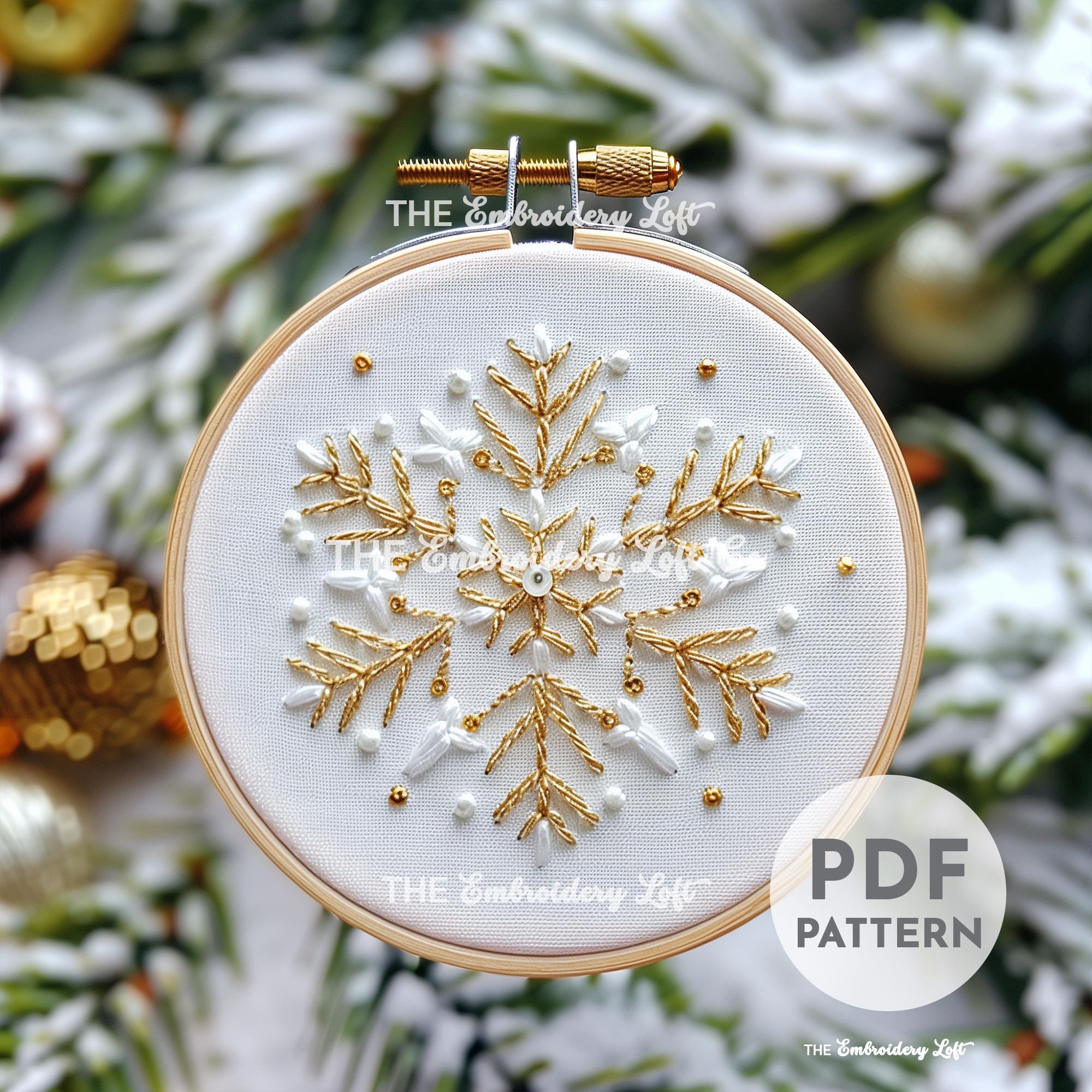 Gold and White Snowflake Hand Embroidery Pattern