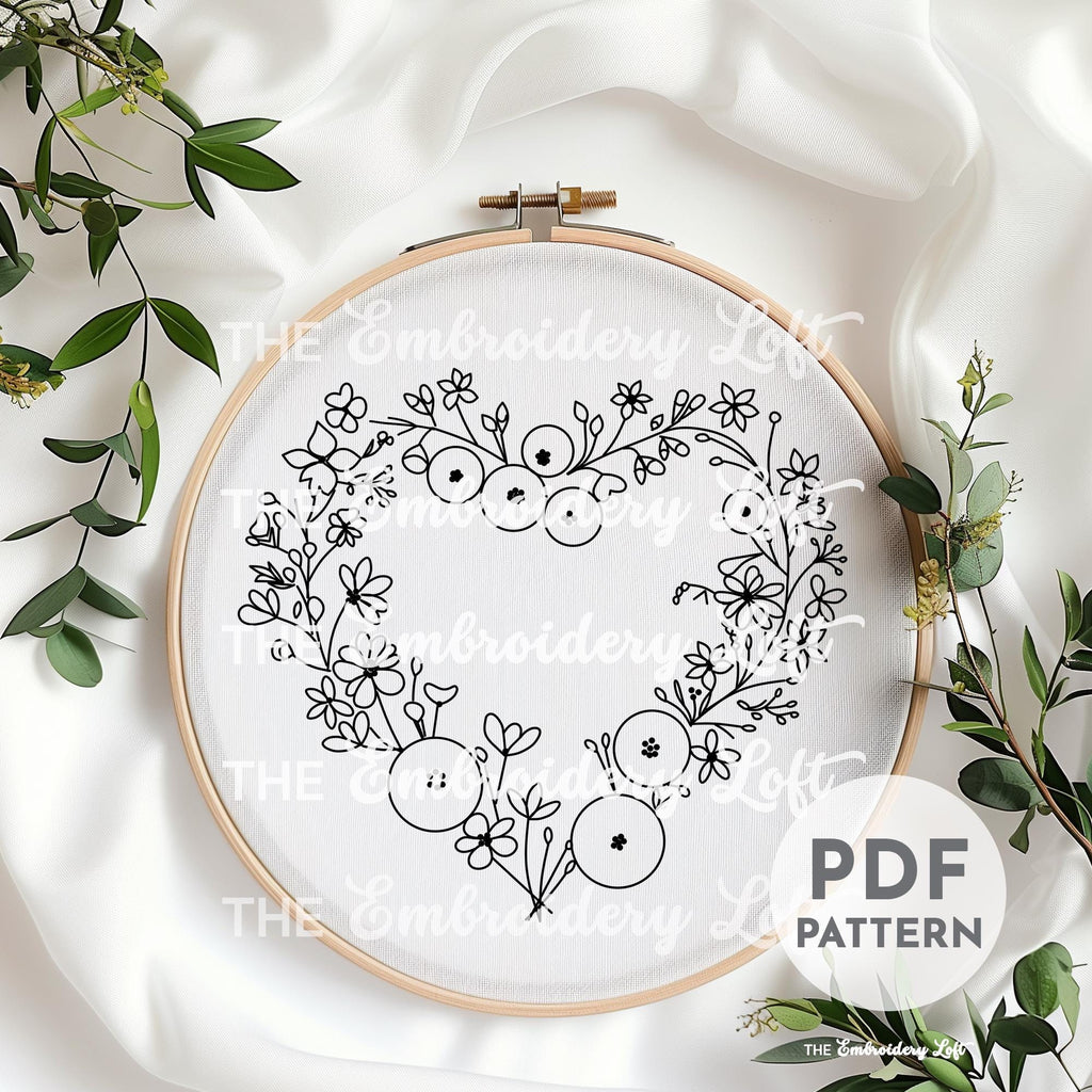 Orange Floral Heart Wreath Hand Embroidery Pattern