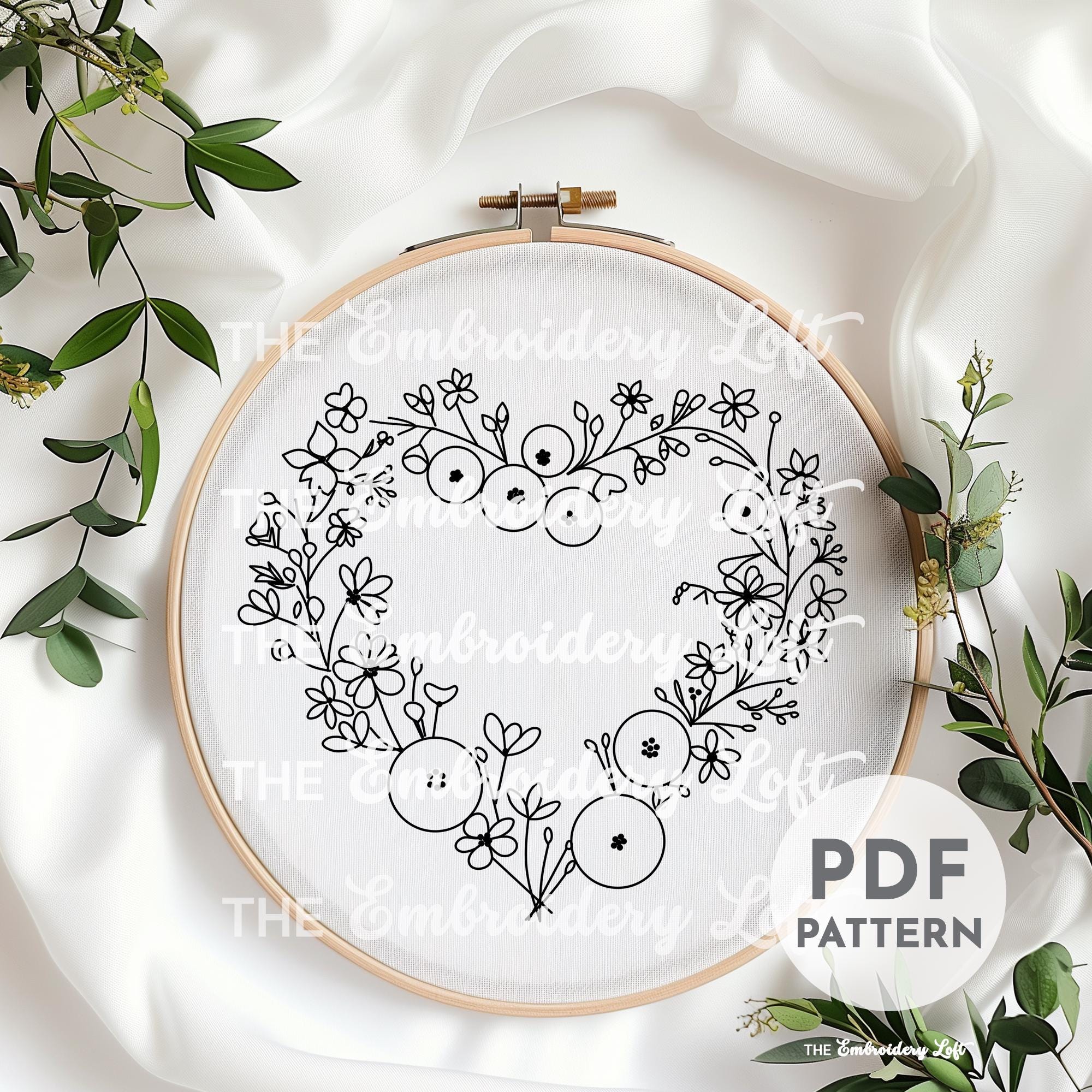 Orange Floral Heart Wreath Hand Embroidery Pattern