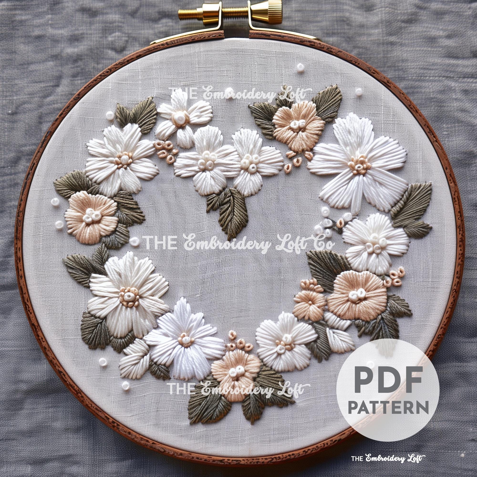 Romantic Floral Heart Wreath Hand Embroidery Pattern
