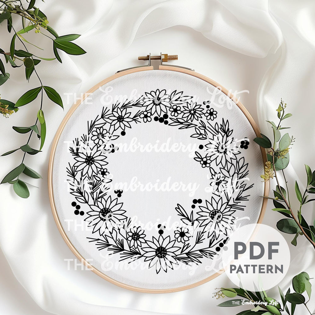 Autumn Daisy Wreath Hand Embroidery Pattern