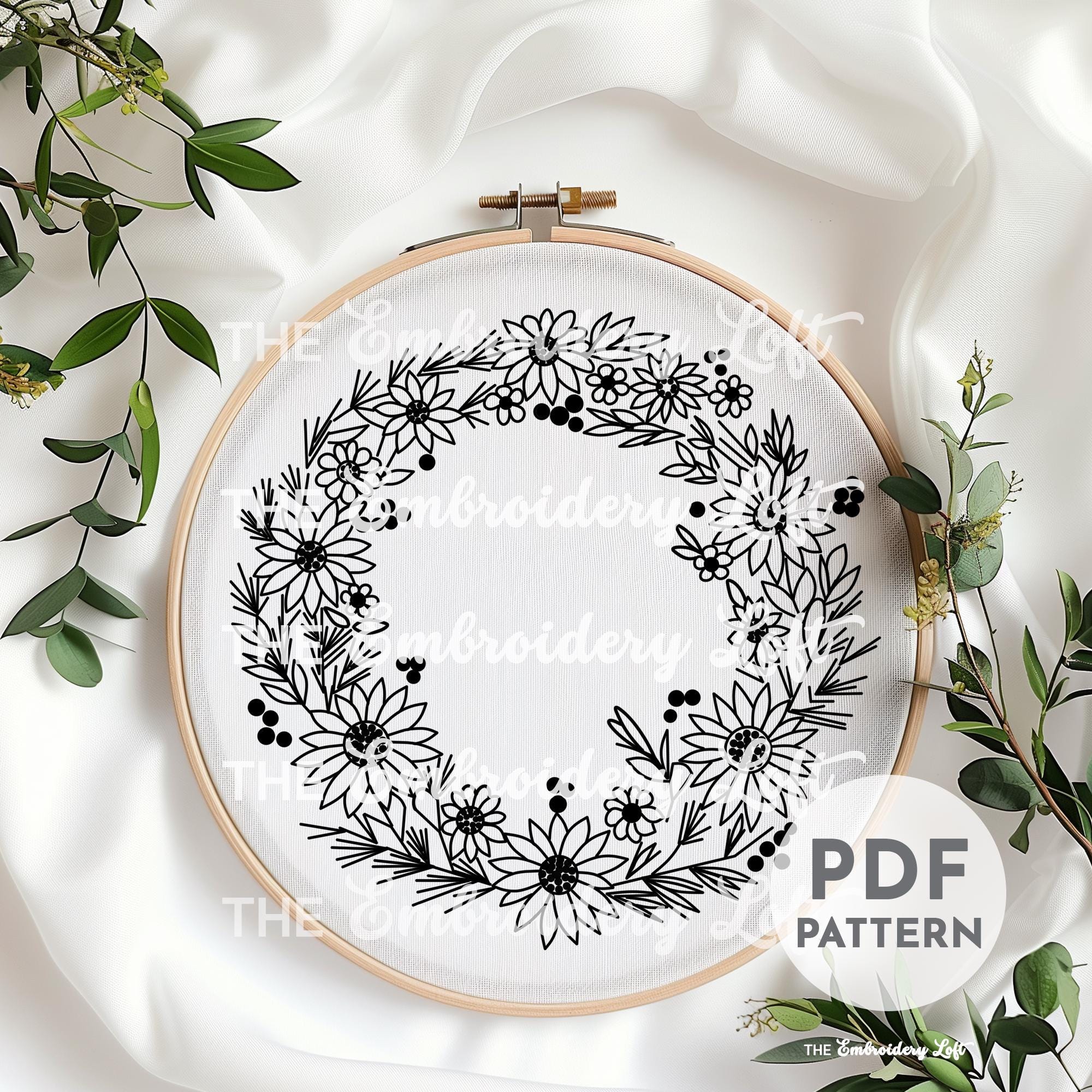 Autumn Daisy Wreath Hand Embroidery Pattern