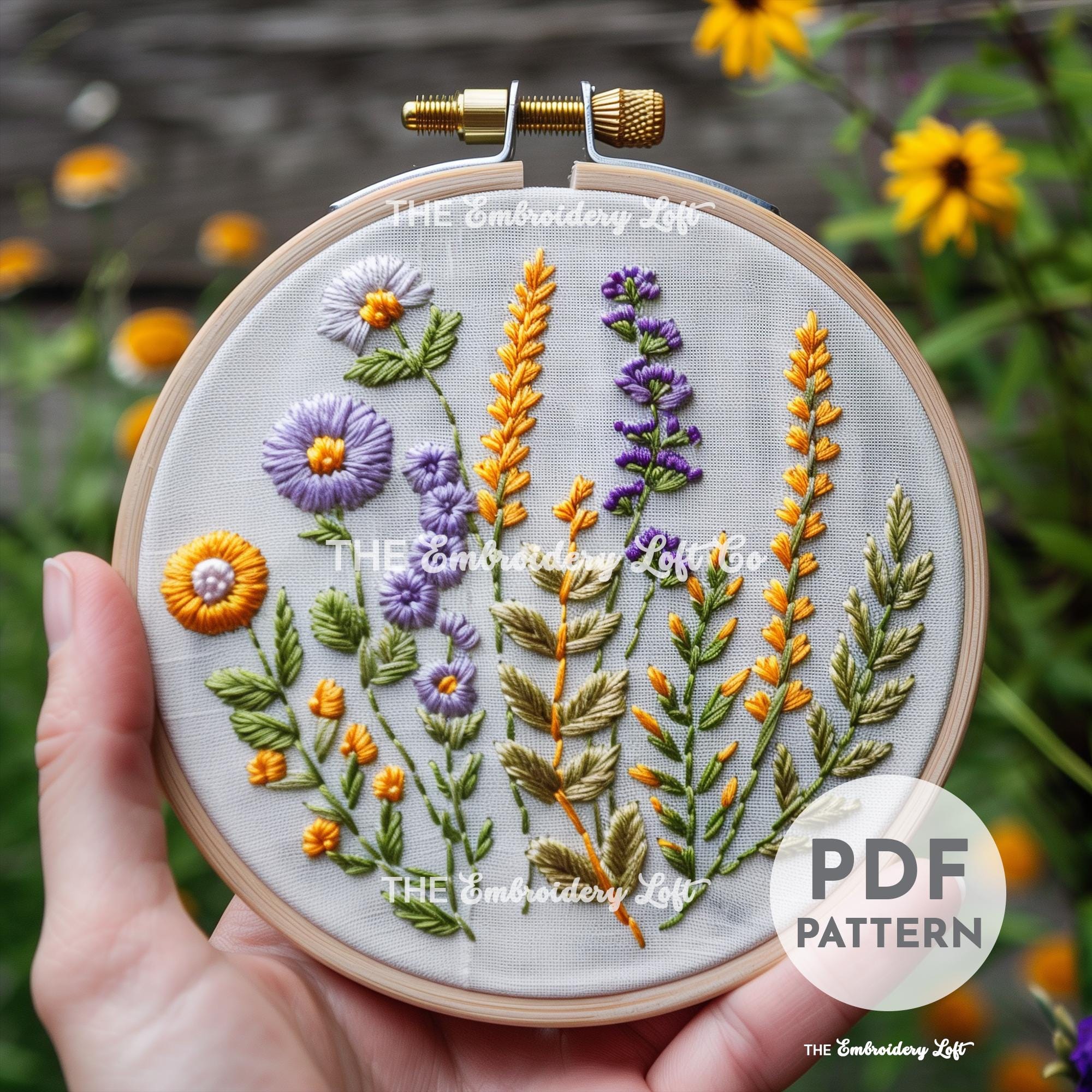 Purple and Yellow Wildflowers Hand Embroidery Pattern