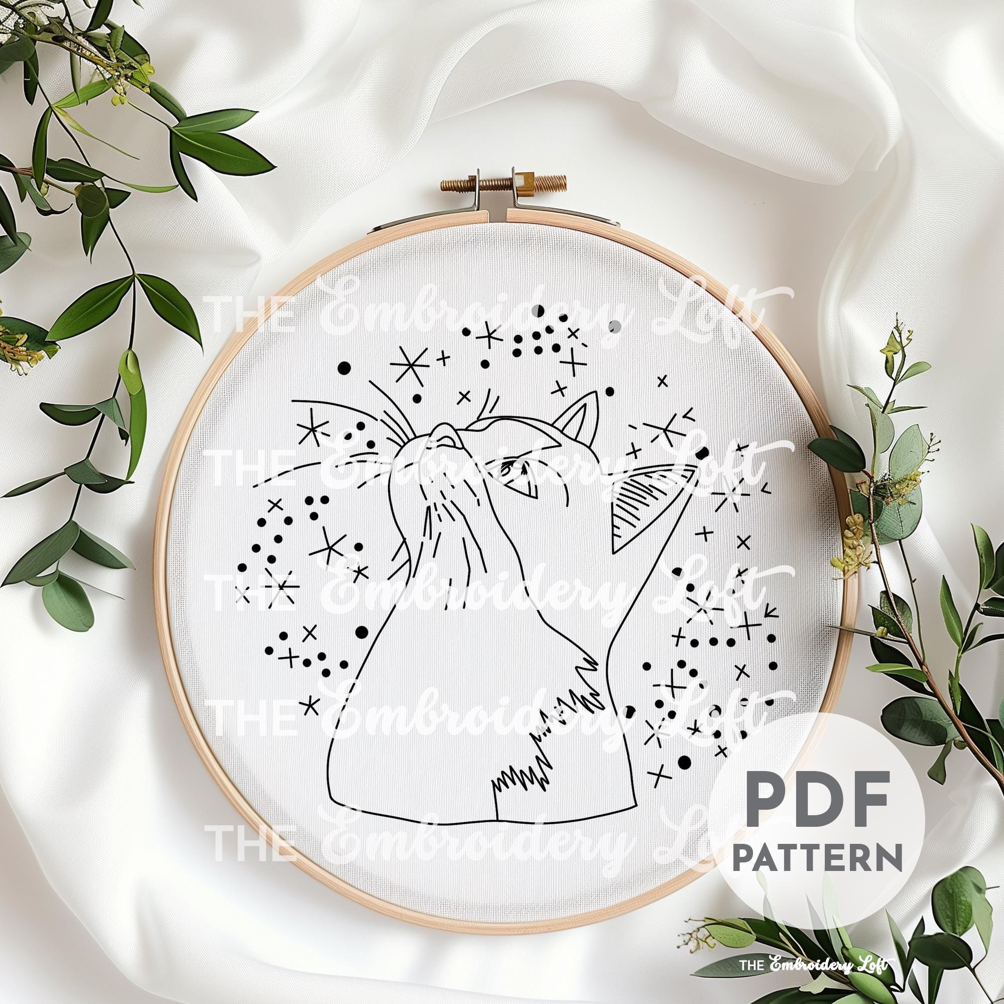 Cat with Stars Hand Embroidery Pattern