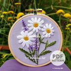Meadow of White Daisies and Purple Lavender Hand Embroidery Pattern