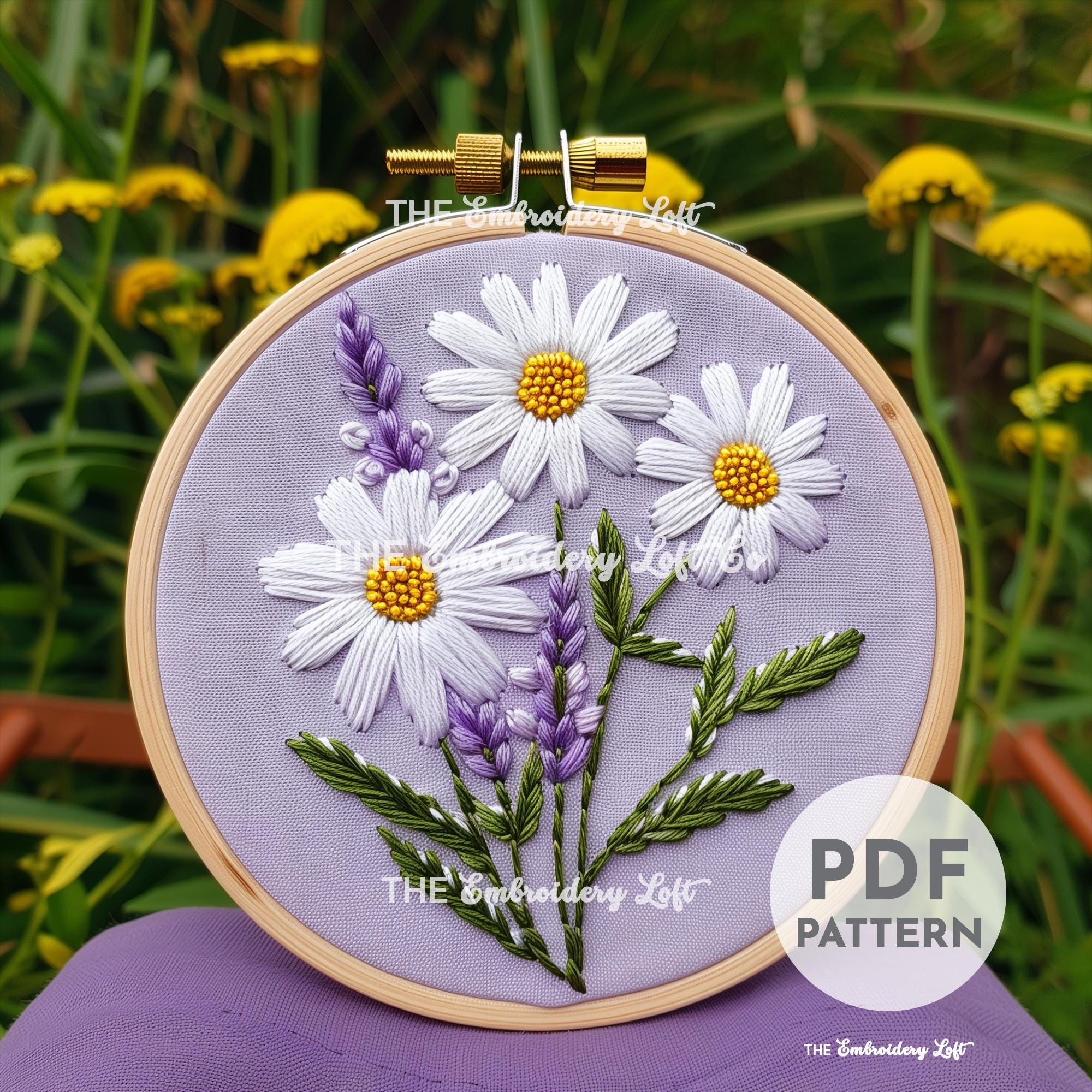 Meadow of White Daisies and Purple Lavender Hand Embroidery Pattern