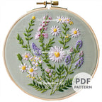 Meadow of White Daisies and Purple Lavender Hand Embroidery Pattern