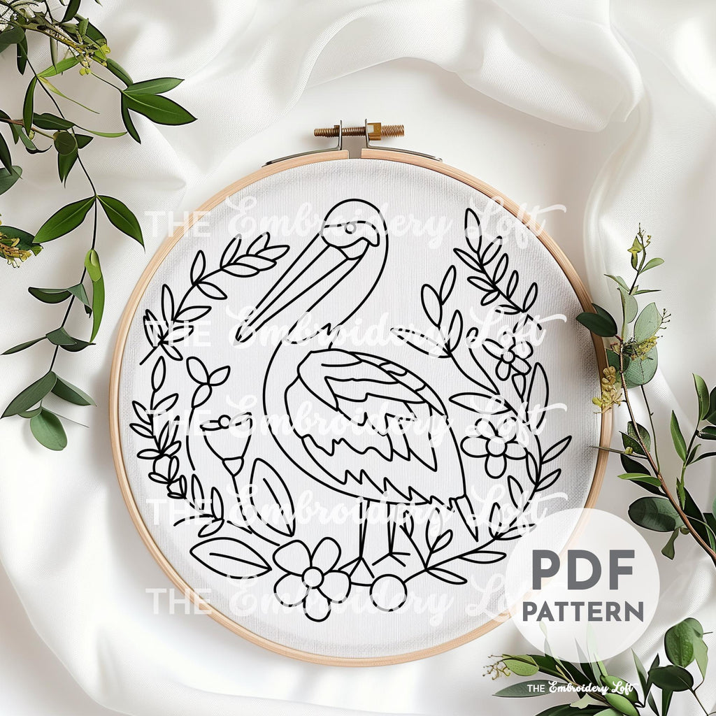 Floral Stork Hand Embroidery Pattern