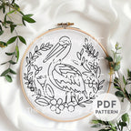 Floral Stork Hand Embroidery Pattern