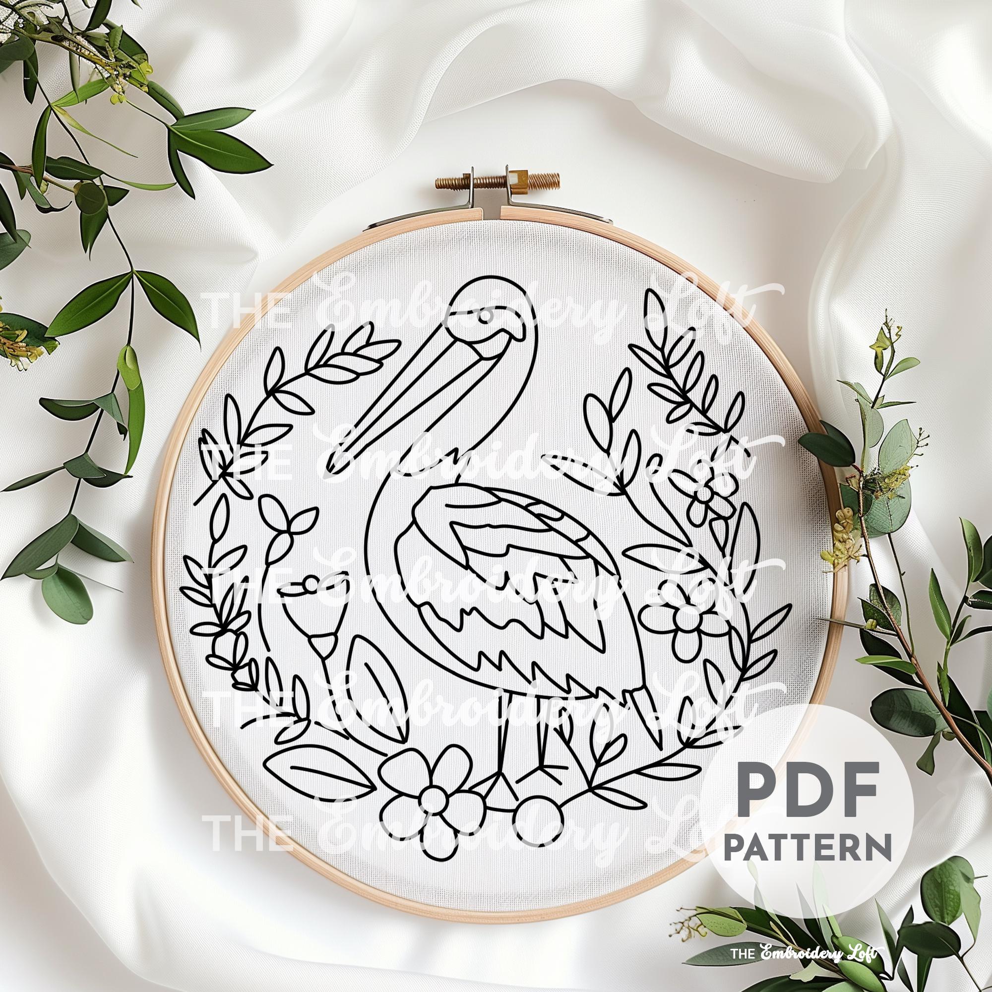 Floral Stork Hand Embroidery Pattern