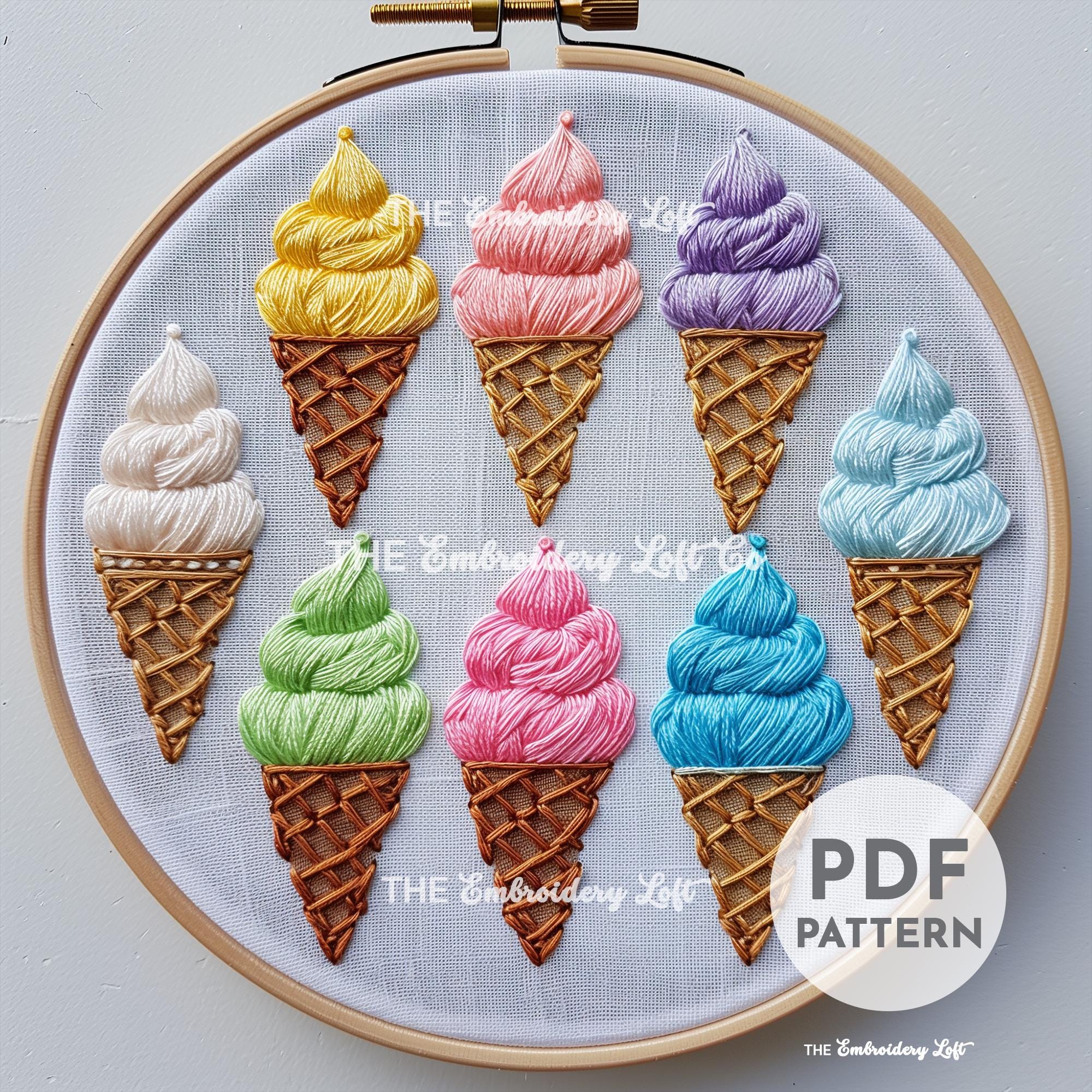 Rainbow Ice Cream Cones Hand Embroidery Pattern