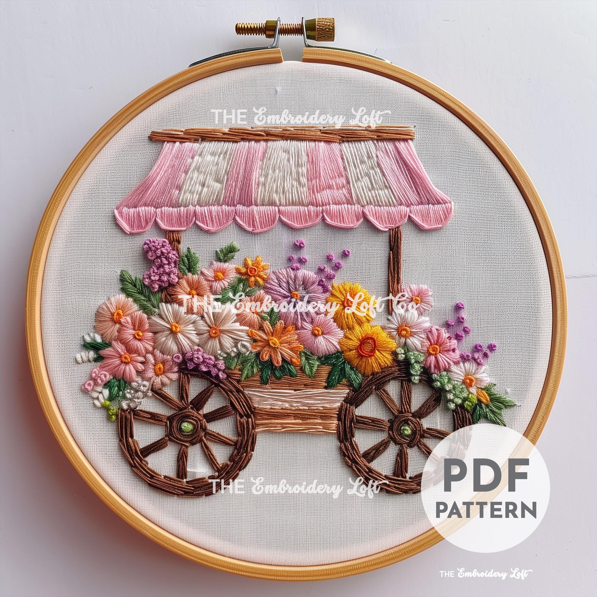 Pink Flower Cart Hand Embroidery Pattern