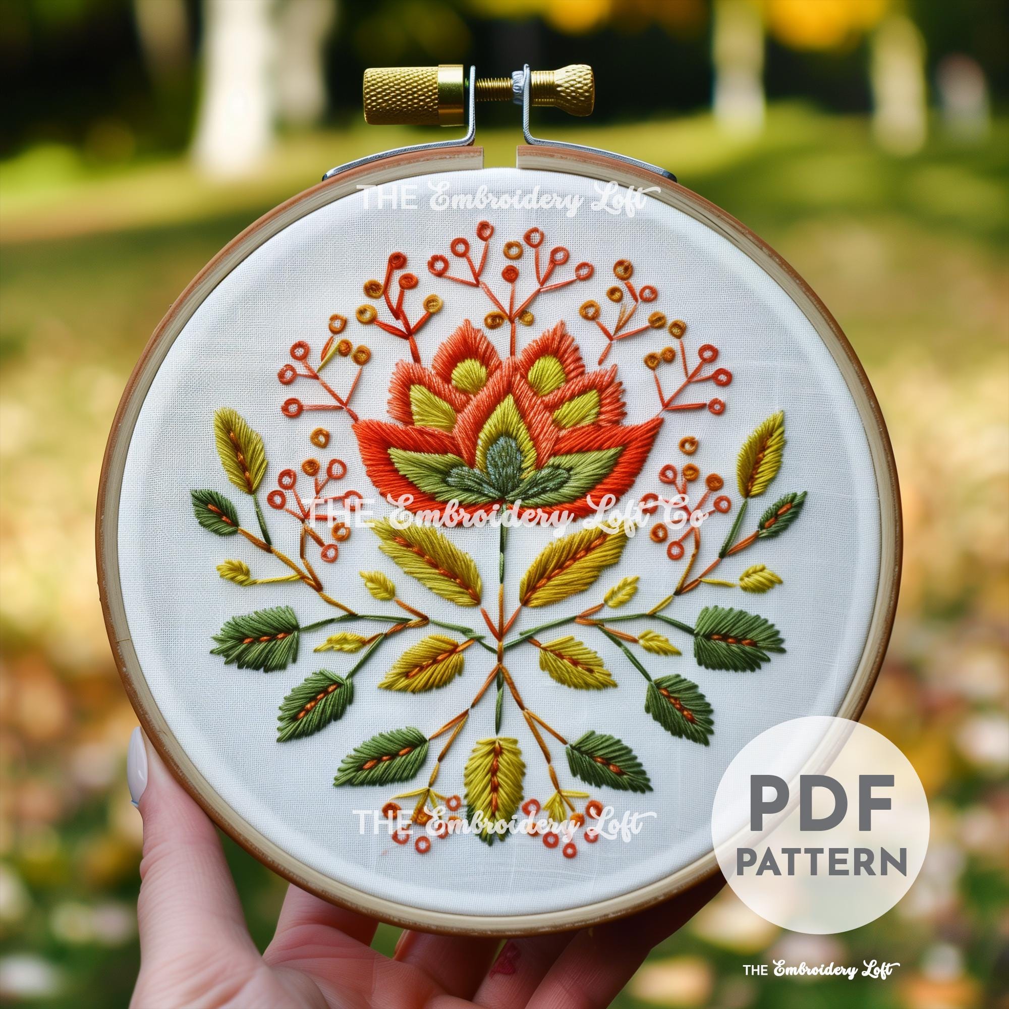 Orange and Green Folk Flower Hand Embroidery Pattern