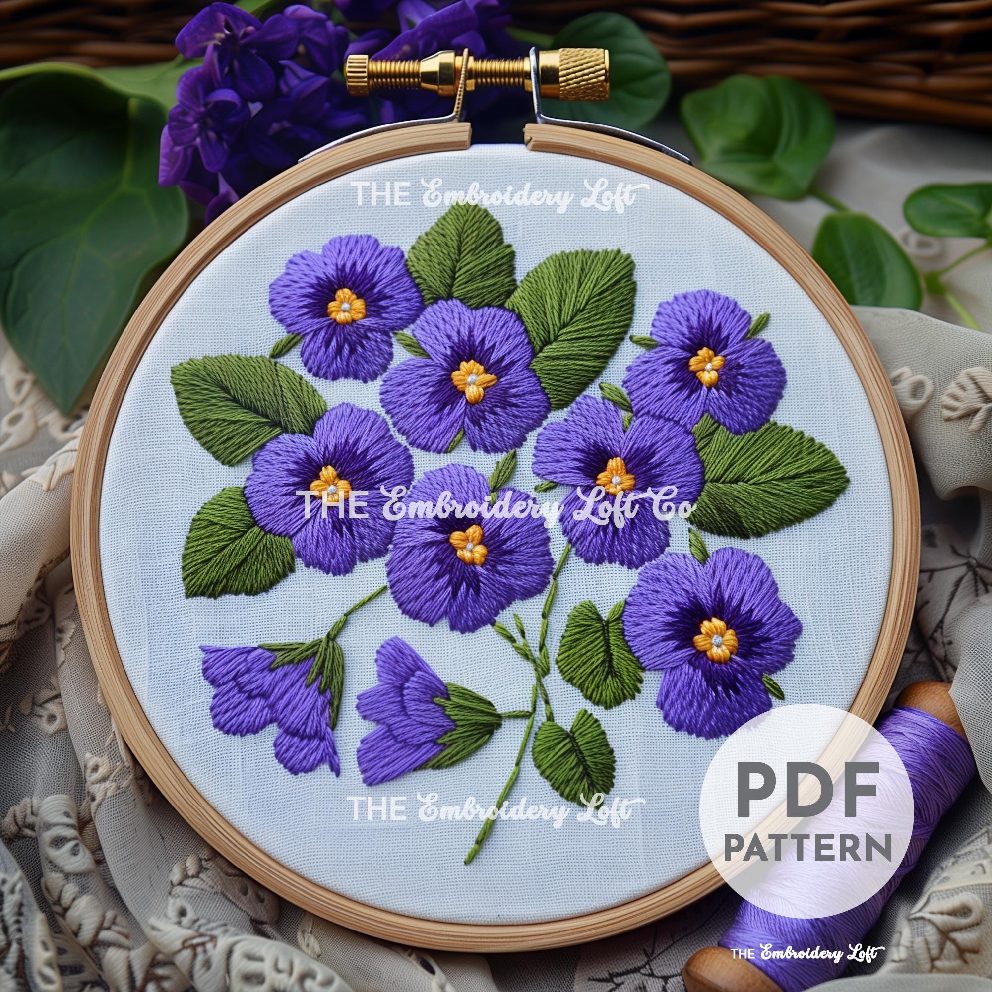 Purple Violets Hand Embroidery Pattern