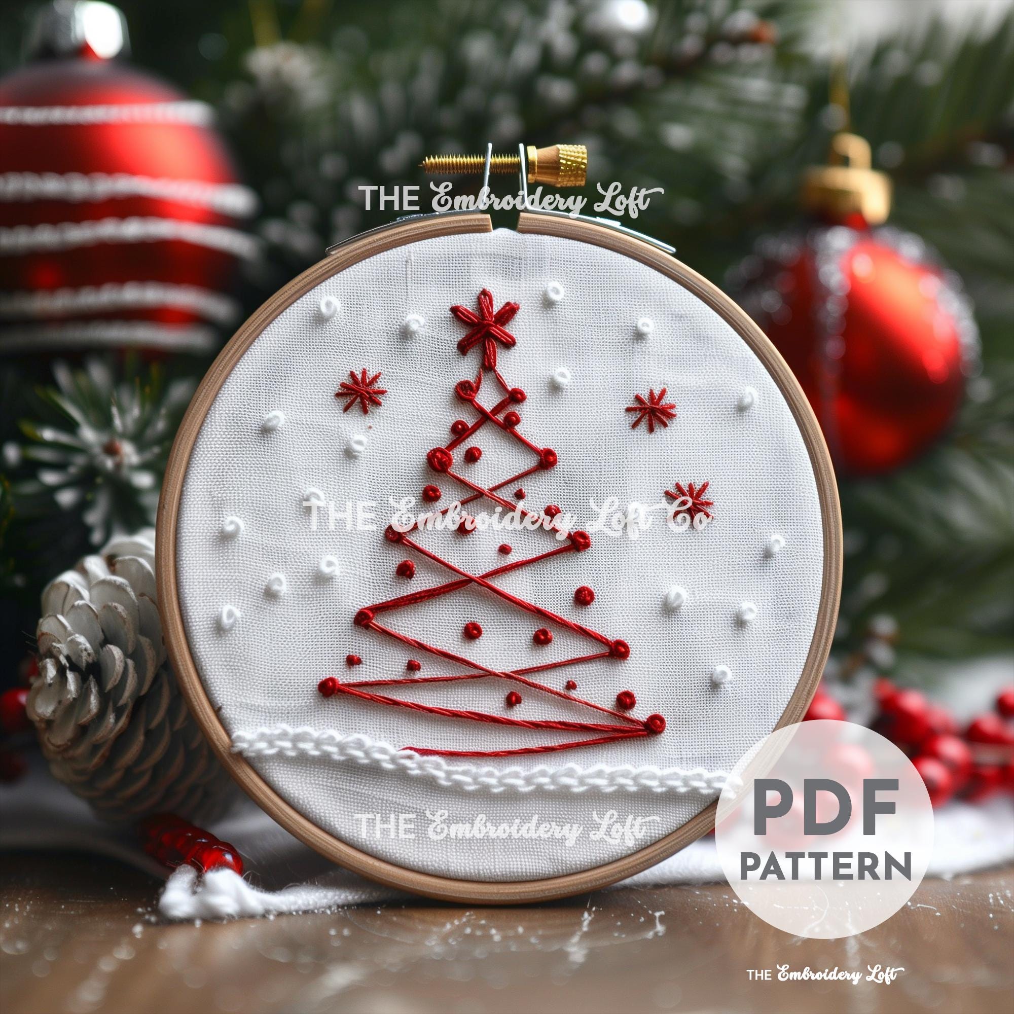 Red and White Christmas Tree Hand Embroidery Pattern