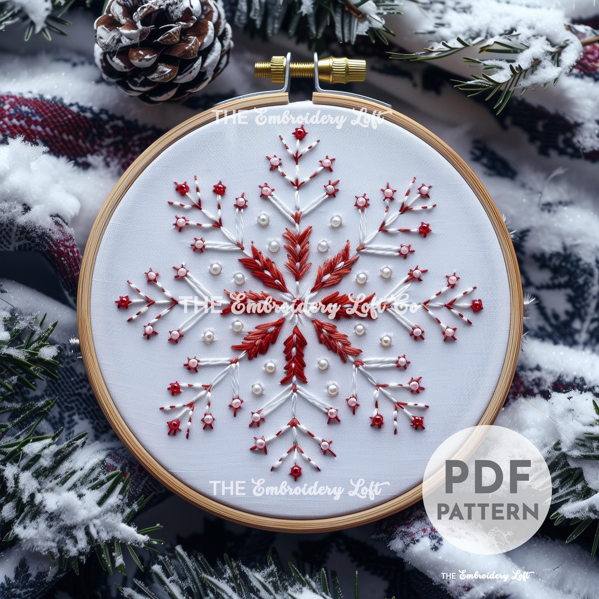 Red and White Snowflake Hand Embroidery Pattern