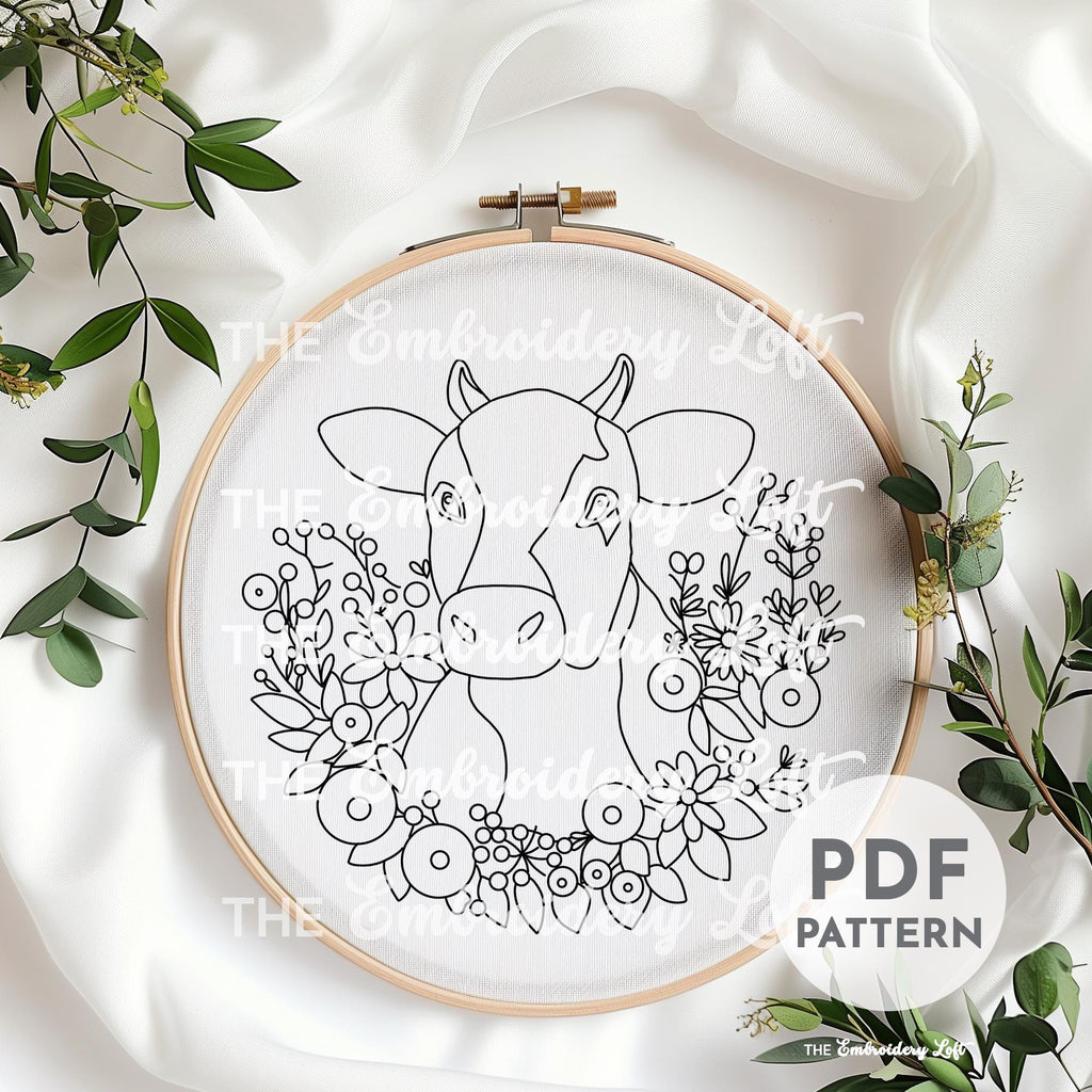 Floral Cow Hand Embroidery Pattern