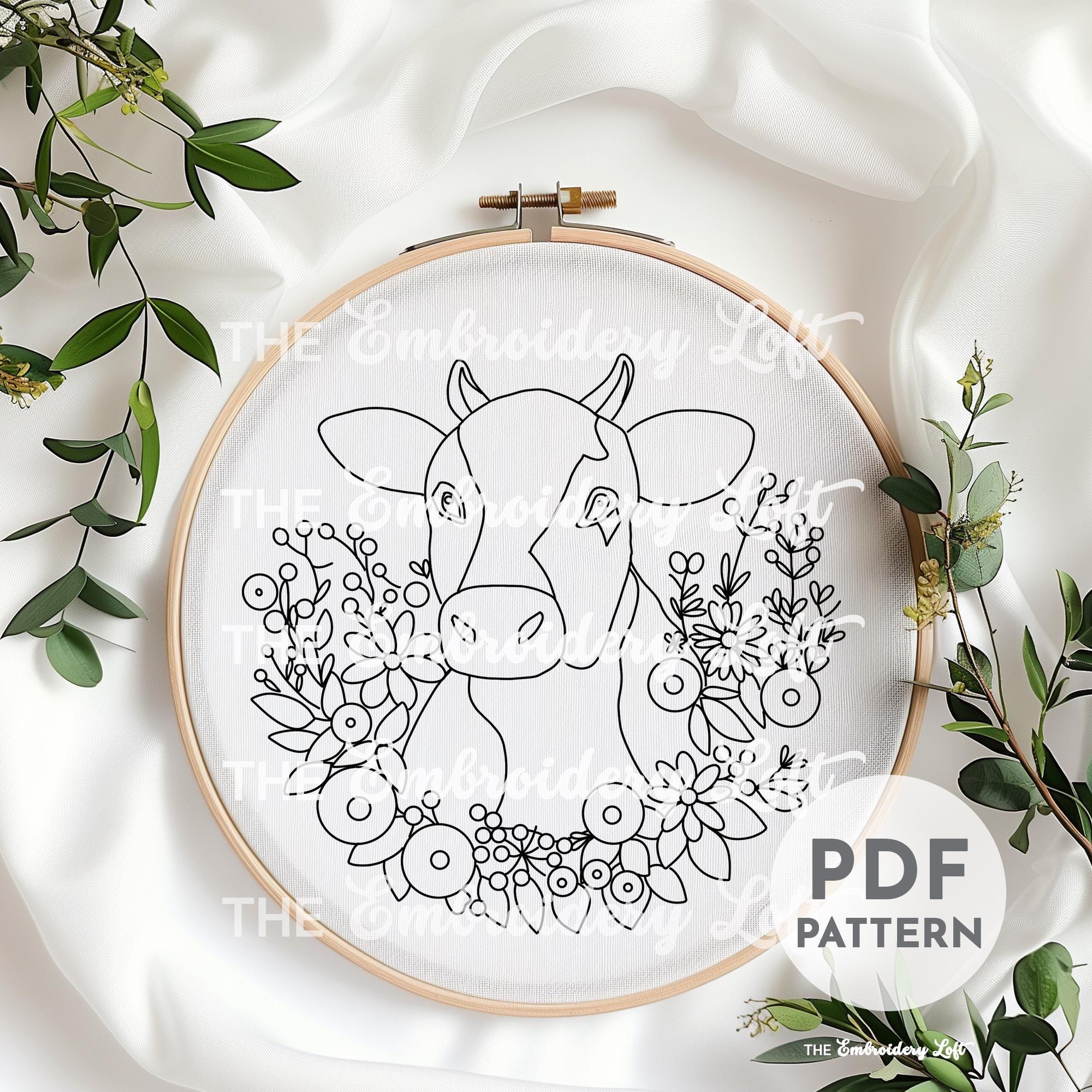 Floral Cow Hand Embroidery Pattern