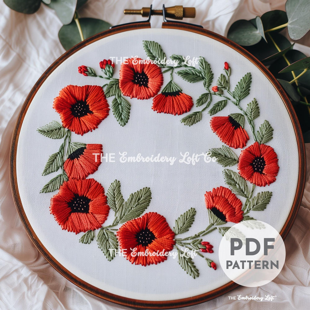 Poppy Wreath Hand Embroidery Pattern