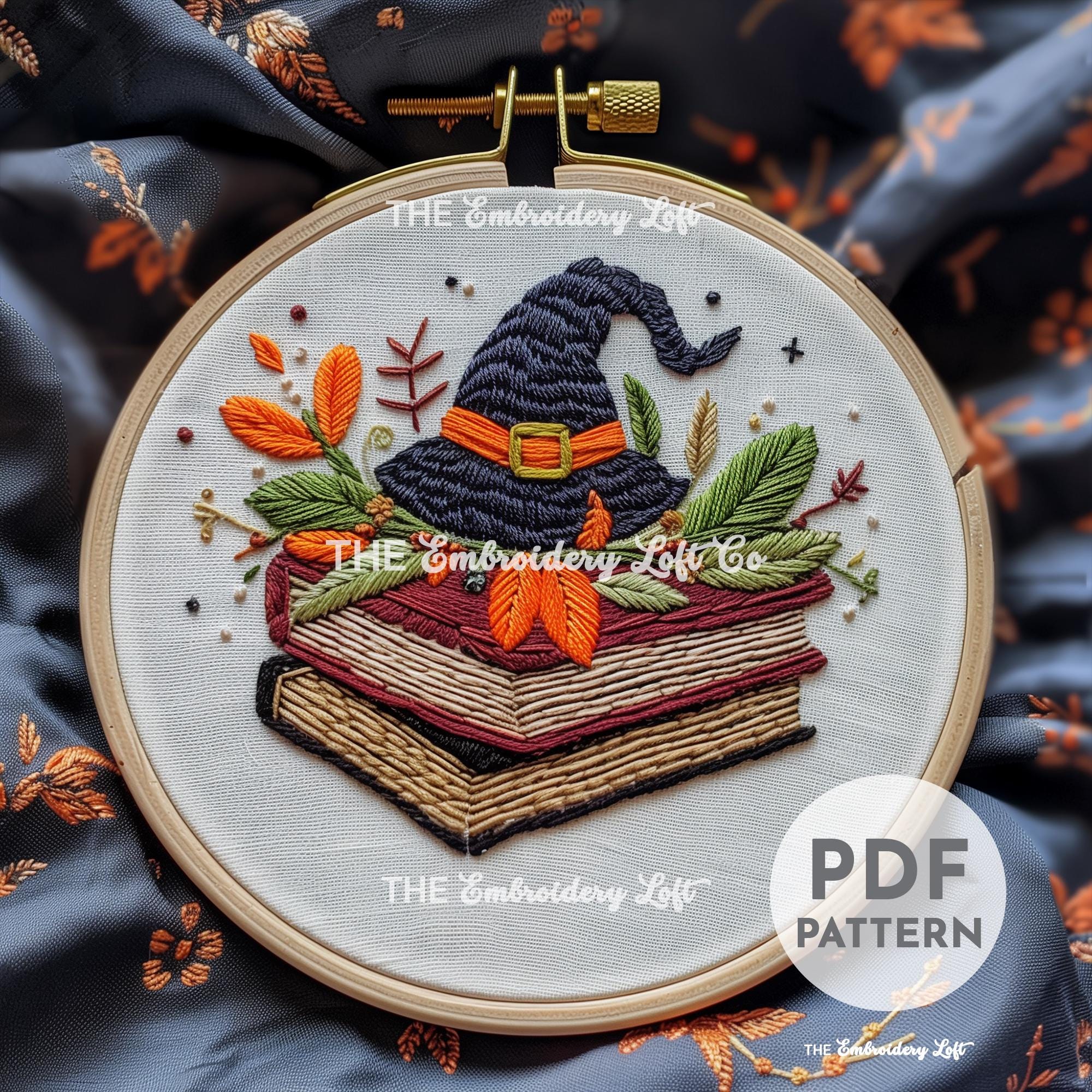 Witch Hat with Books Hand Embroidery Pattern