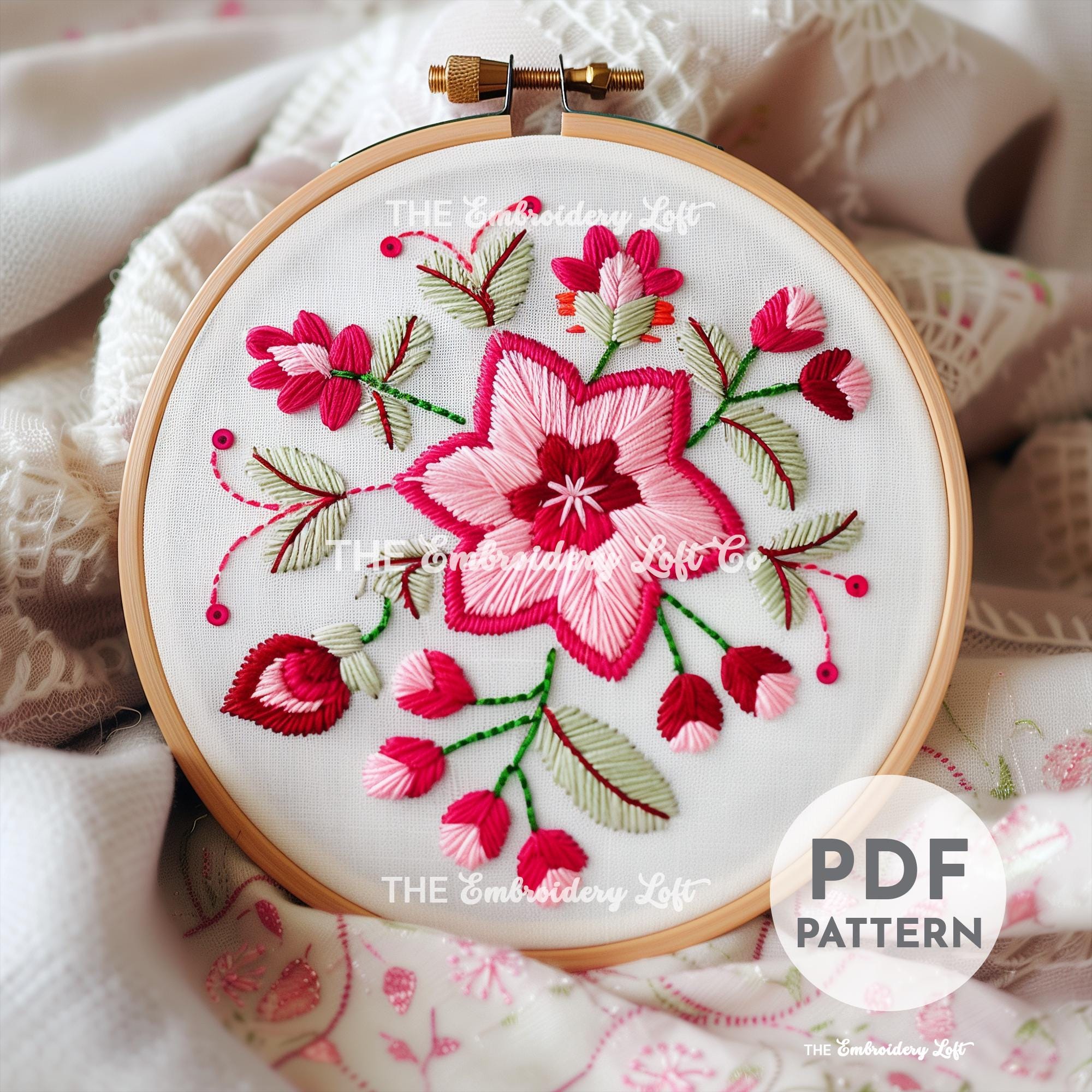 Pink Folk Flower Hand Embroidery Pattern