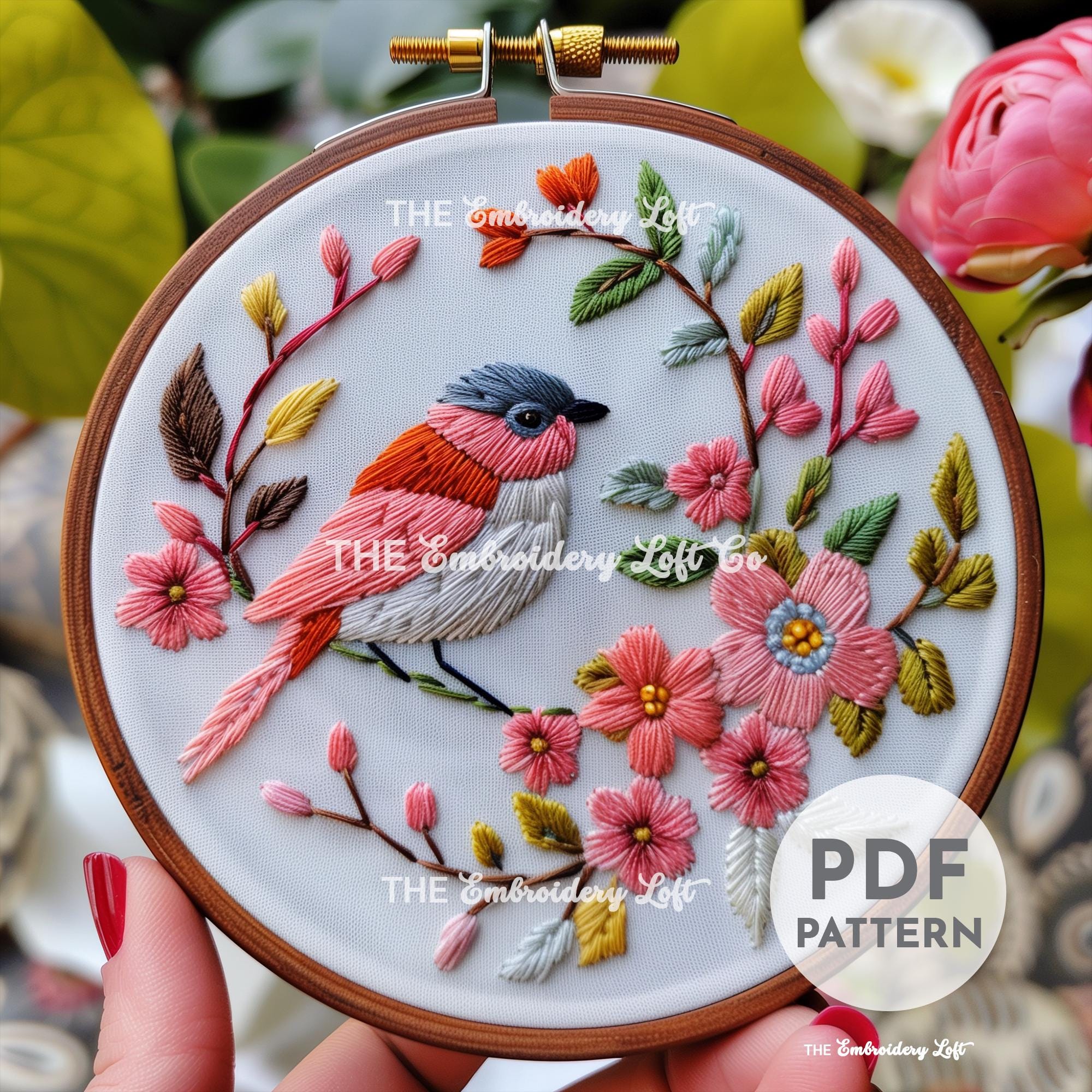 Pink Folk Bird Hand Embroidery Pattern