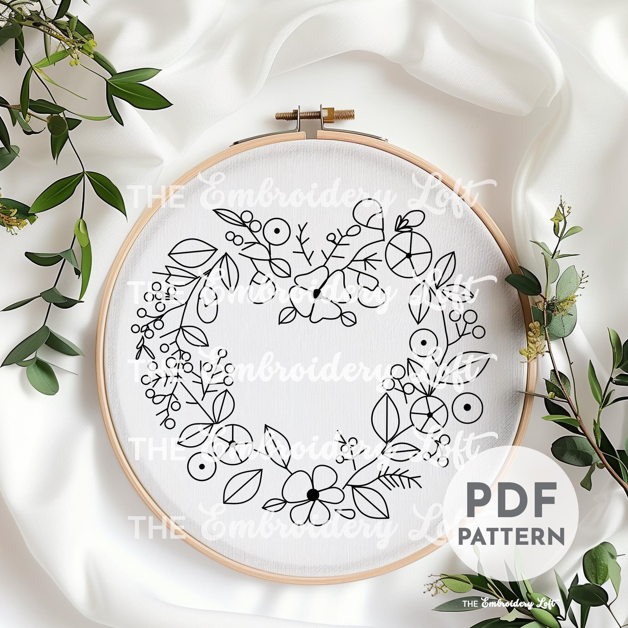 Pink Floral Heart Wreath Hand Embroidery Pattern