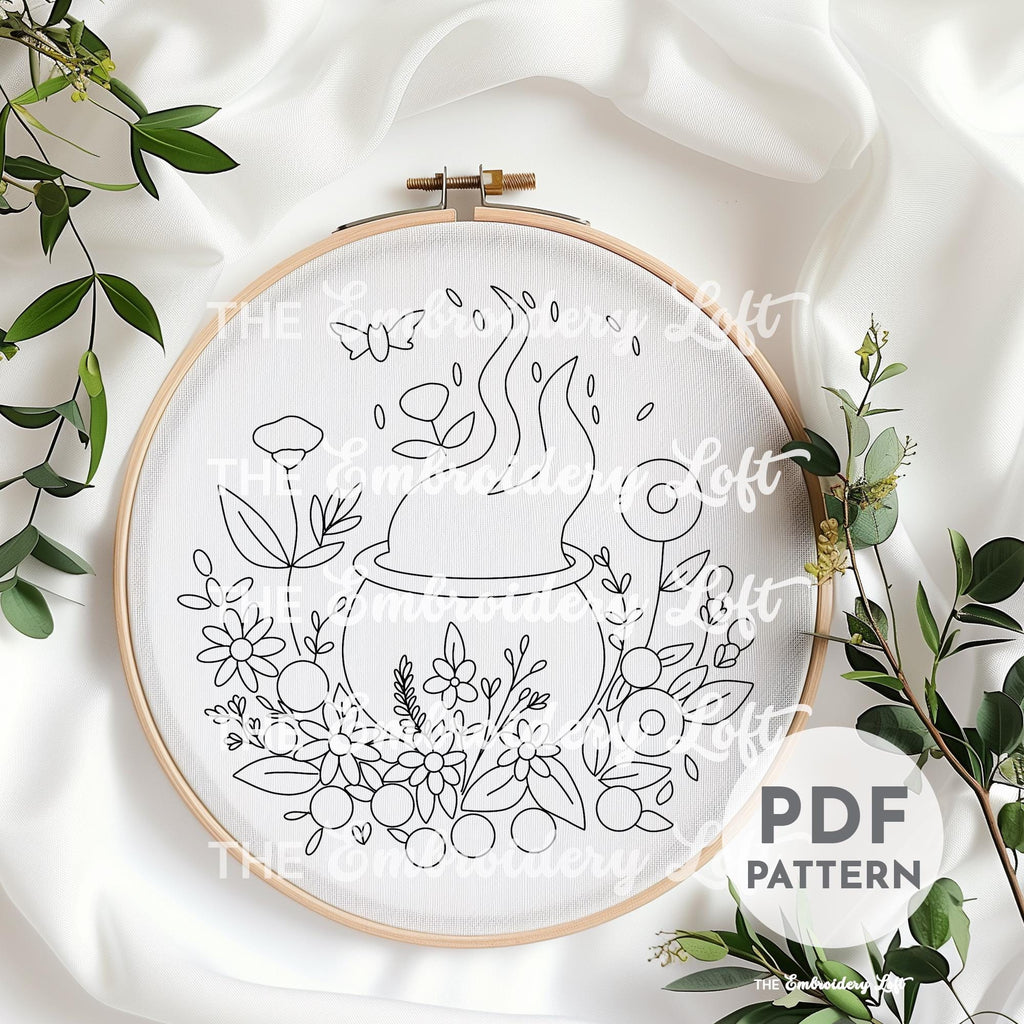Floral Cauldron Hand Embroidery Pattern